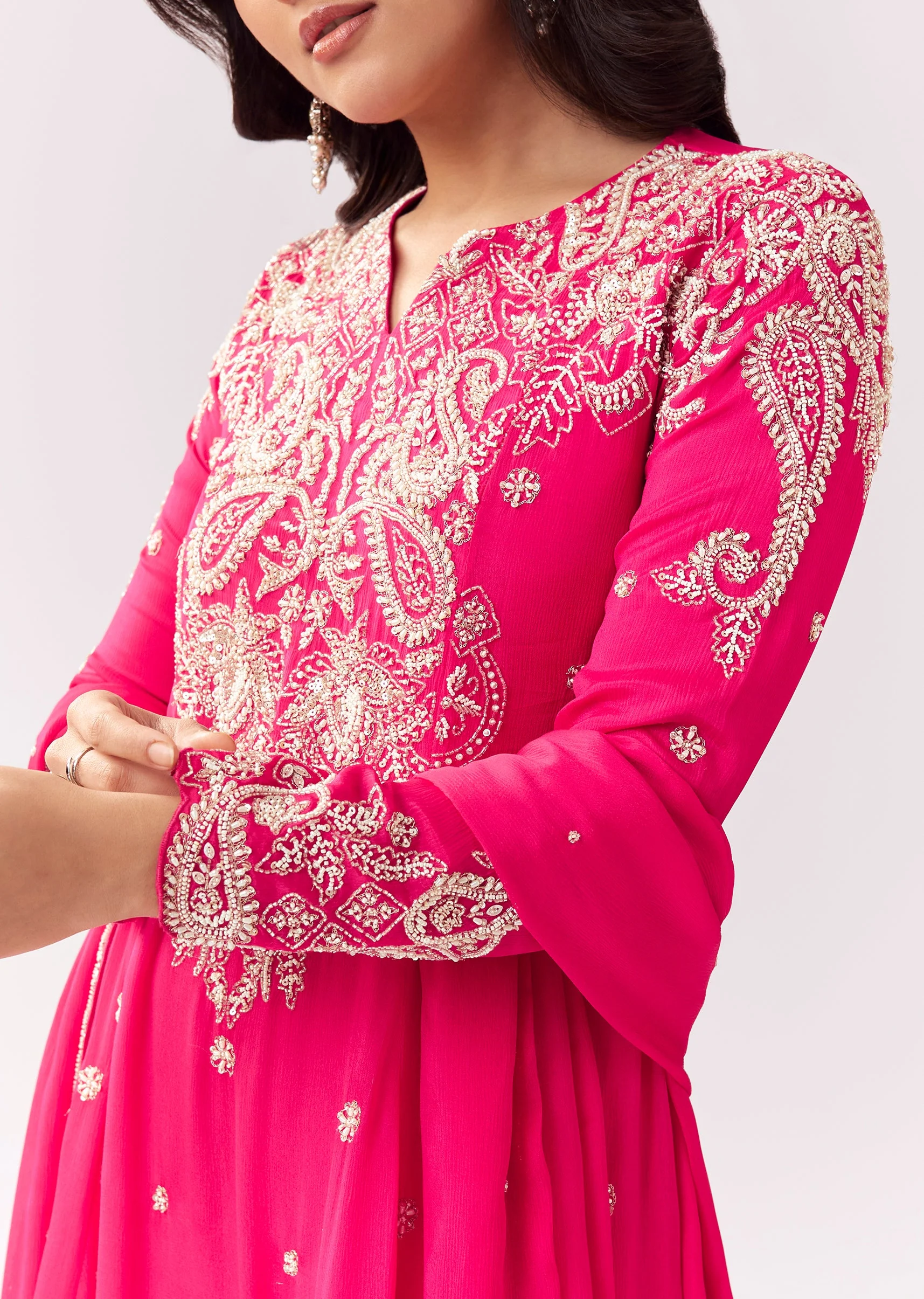 Pink Kurta Pant Set With Moti And Cutdana Work - Image 2