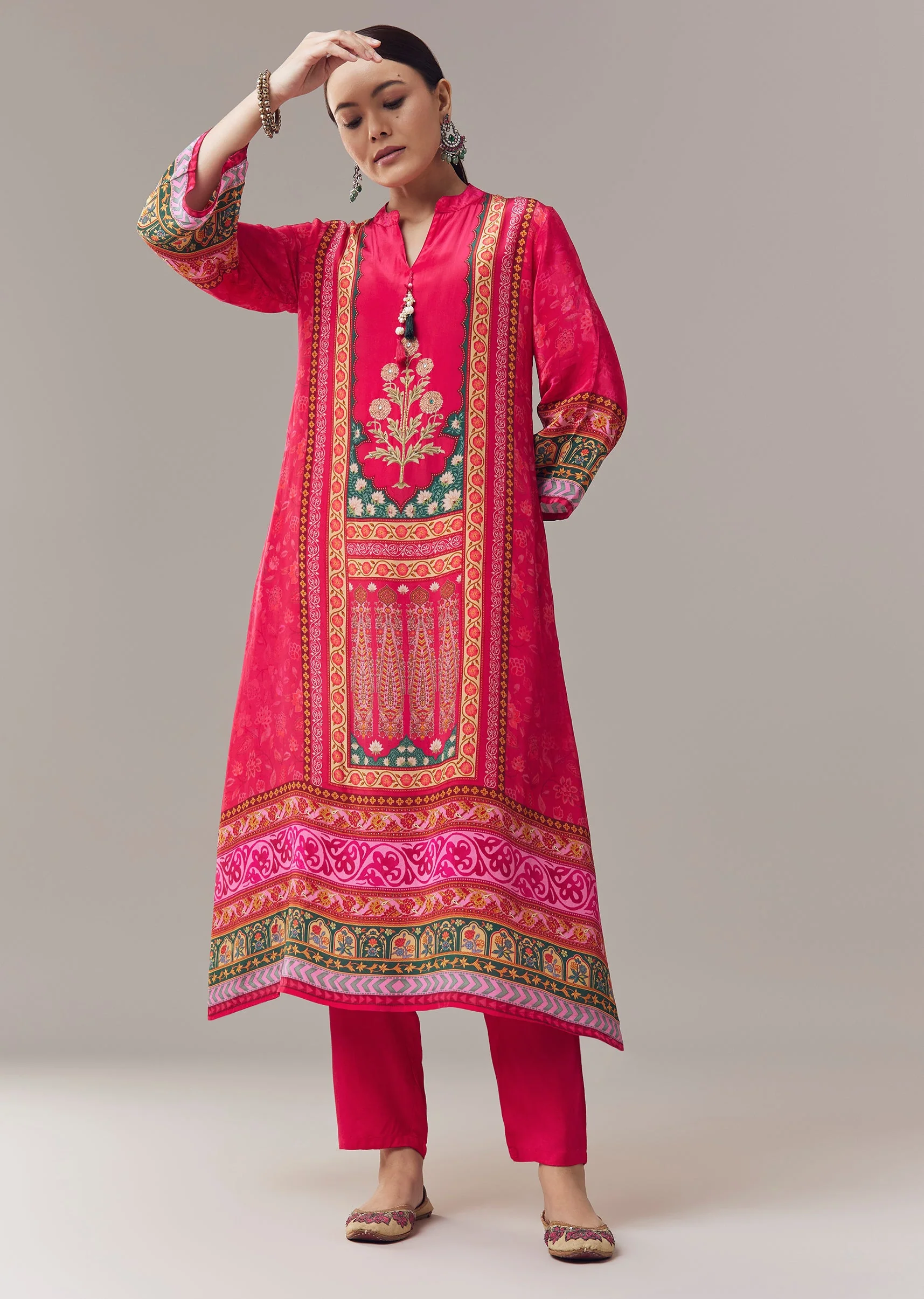 Pink Kurta Set In Floral Print With Stone And Beads Work And Dupatta