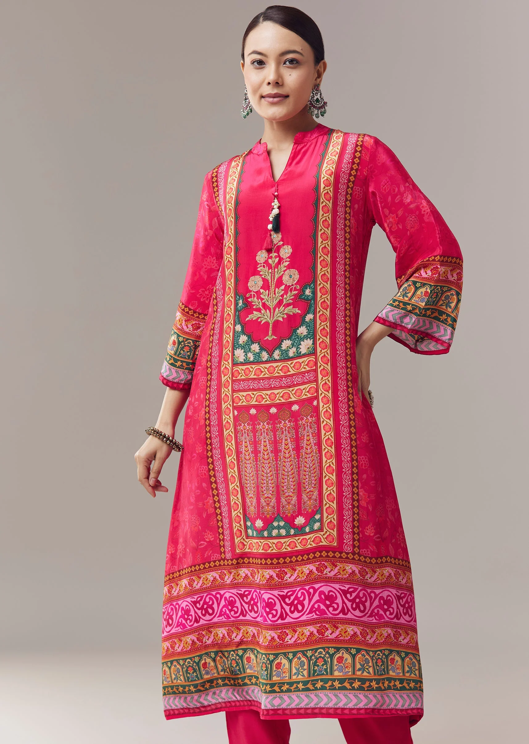 Pink Kurta Set In Floral Print With Stone And Beads Work And Dupatta - Image 4