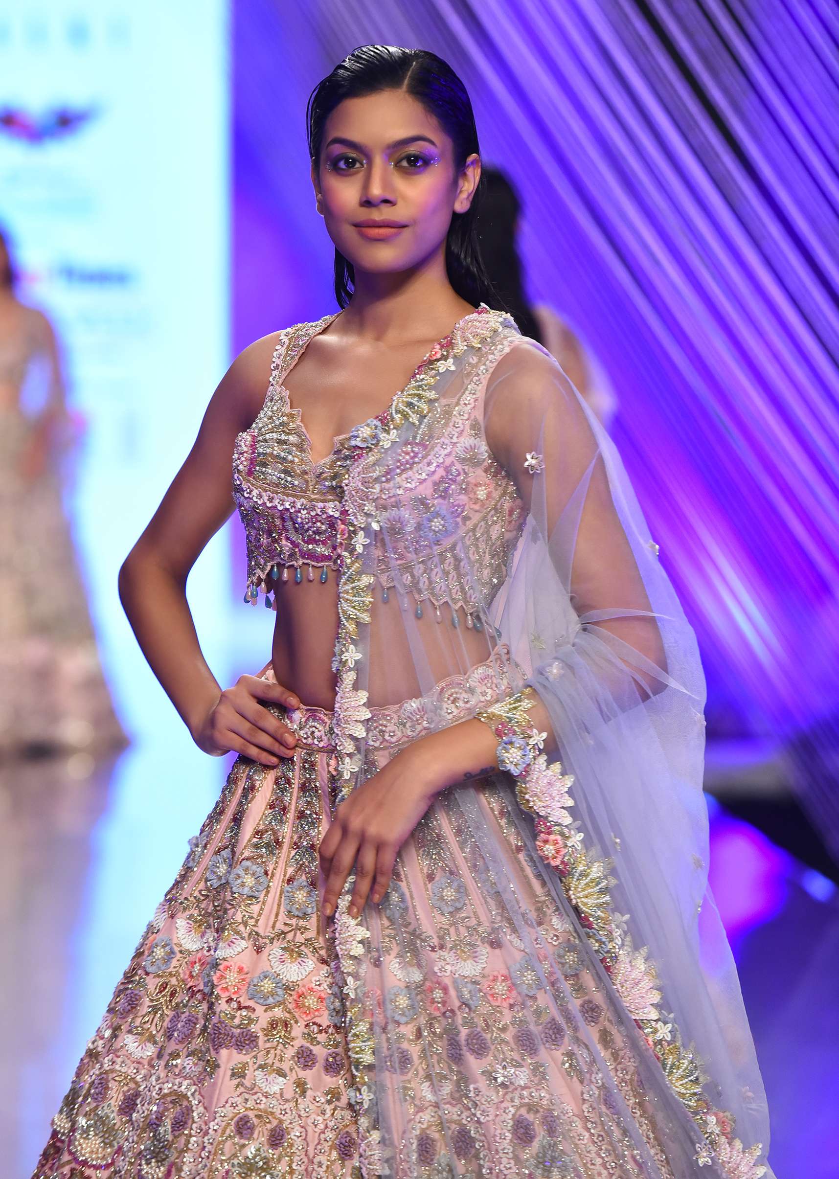 Light Pink Lehenga Set With A Choli In Moti Embroidery, Crop Top Comes In Half Sleeves With Cut Work - Image 3