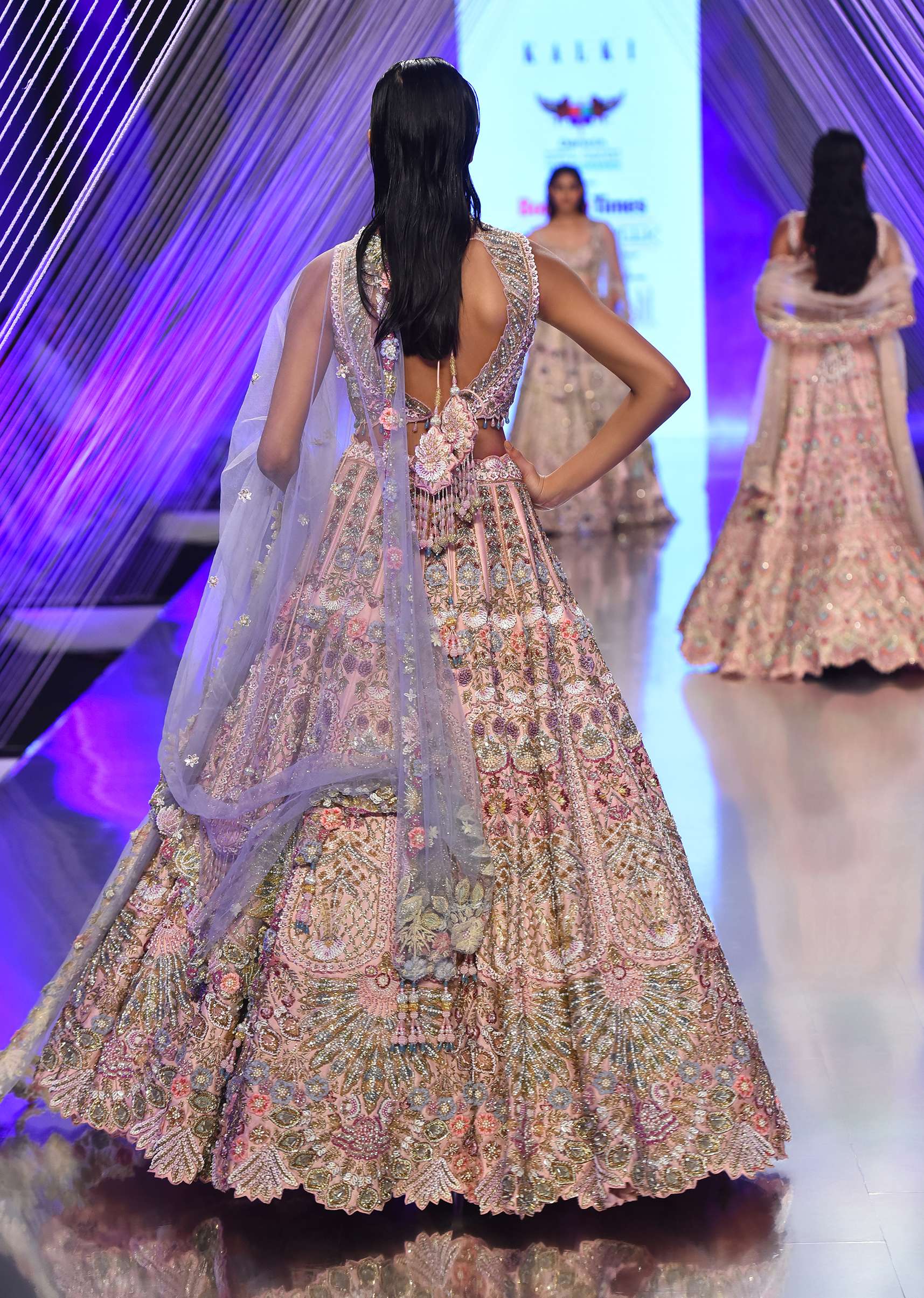 Light Pink Lehenga Set With A Choli In Moti Embroidery, Crop Top Comes In Half Sleeves With Cut Work - Image 4