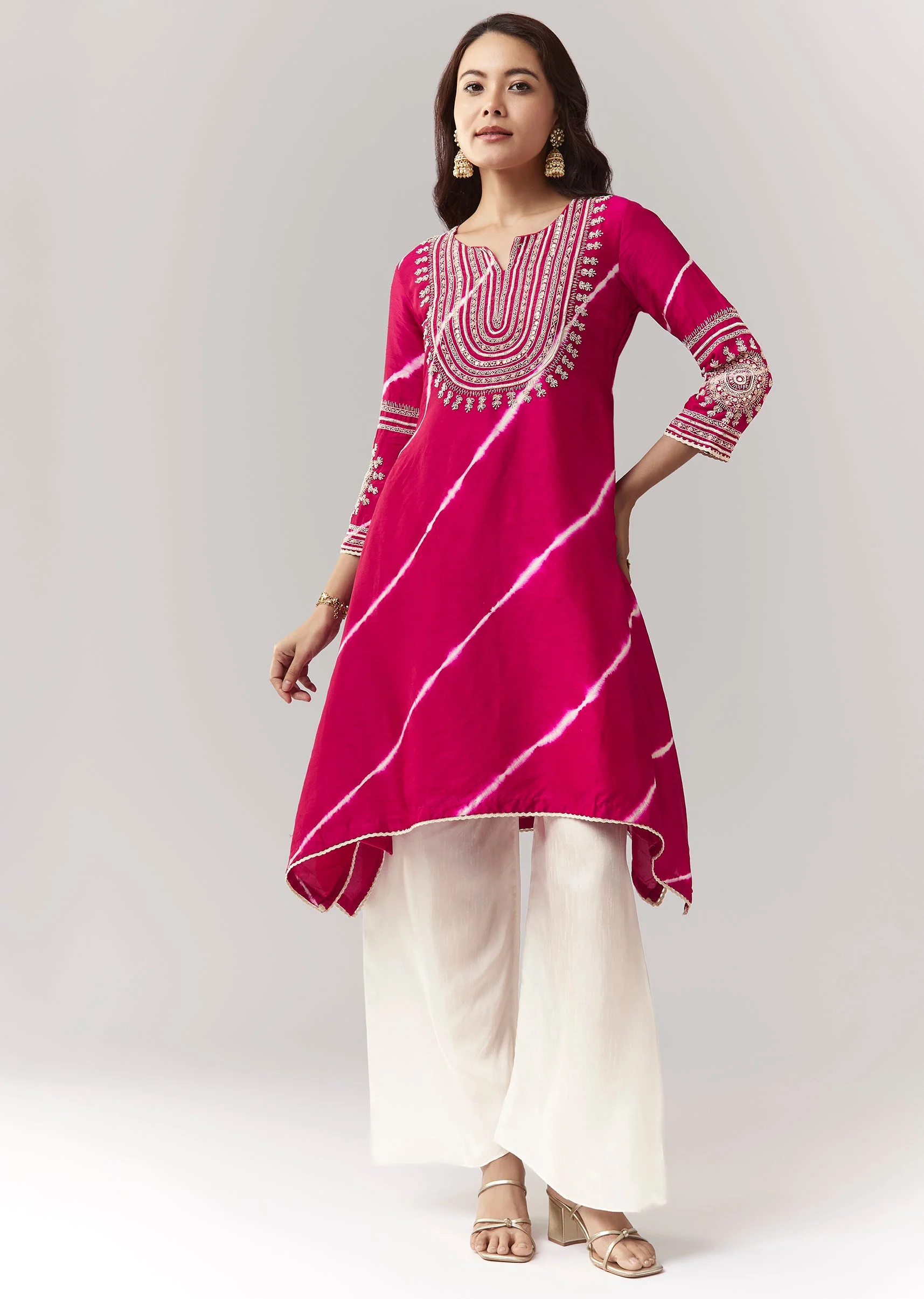 Pink Leheriya A Line Kurta Palazzo Set With Zardosi And Moti Work