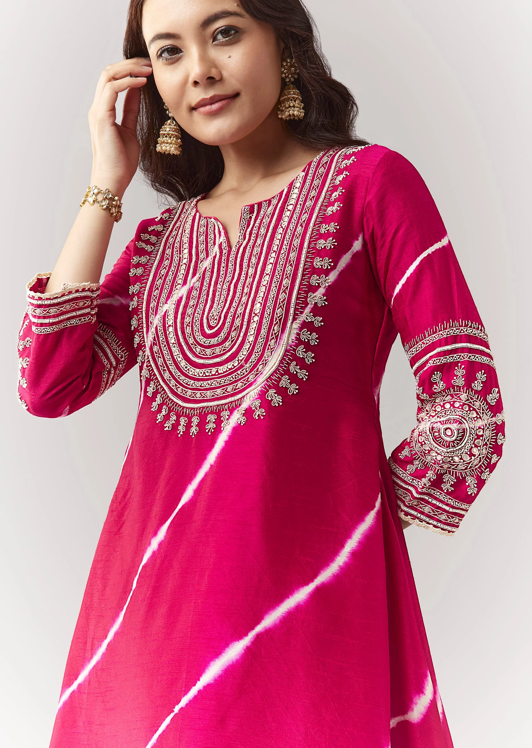 Pink Leheriya A Line Kurta Palazzo Set With Zardosi And Moti Work - Image 2