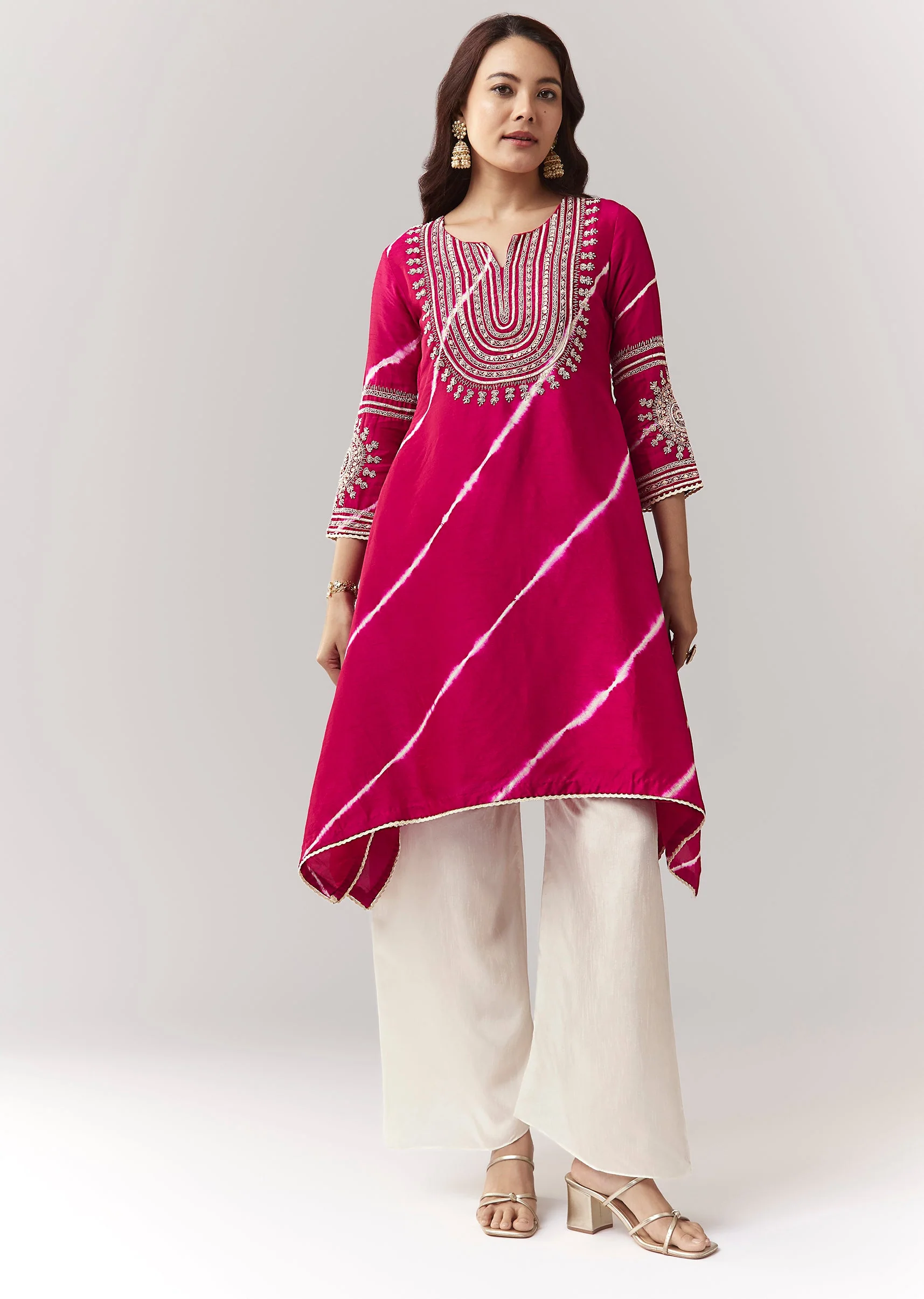 Pink Leheriya A Line Kurta Palazzo Set With Zardosi And Moti Work - Image 3