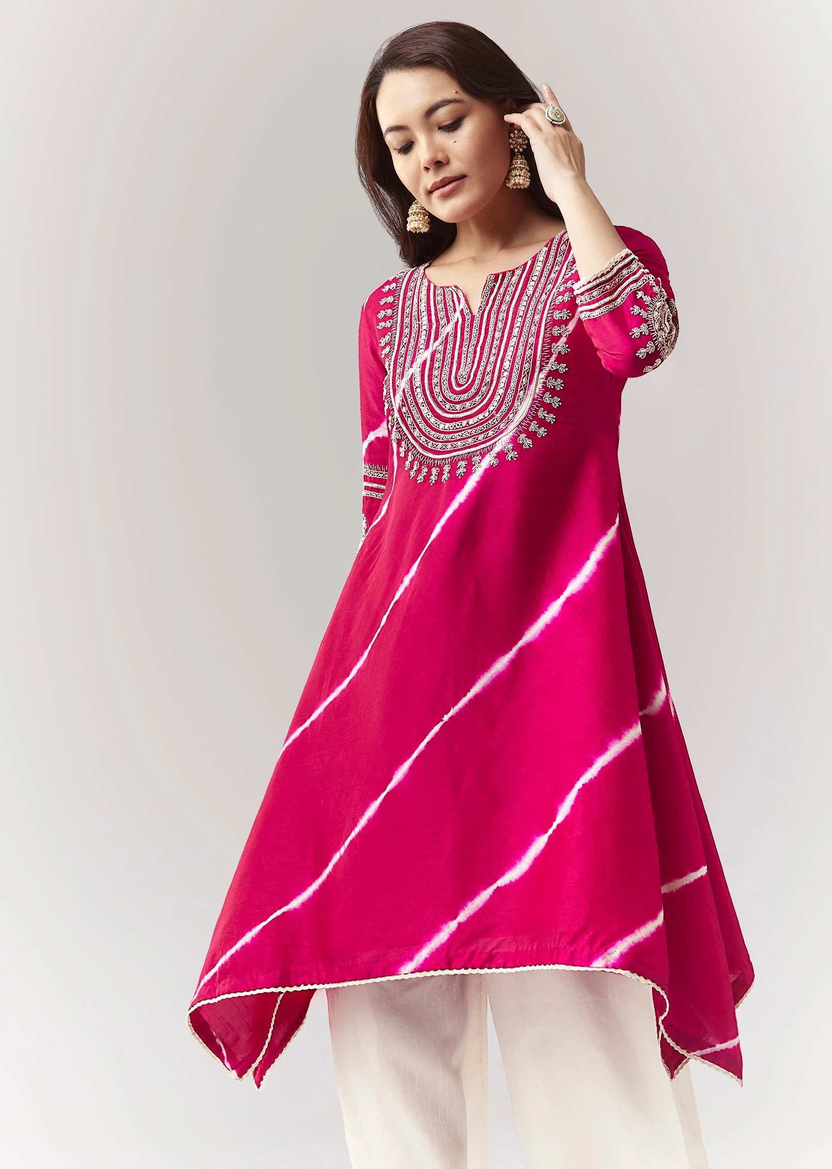 Pink Leheriya A Line Kurta Palazzo Set With Zardosi And Moti Work - Image 4