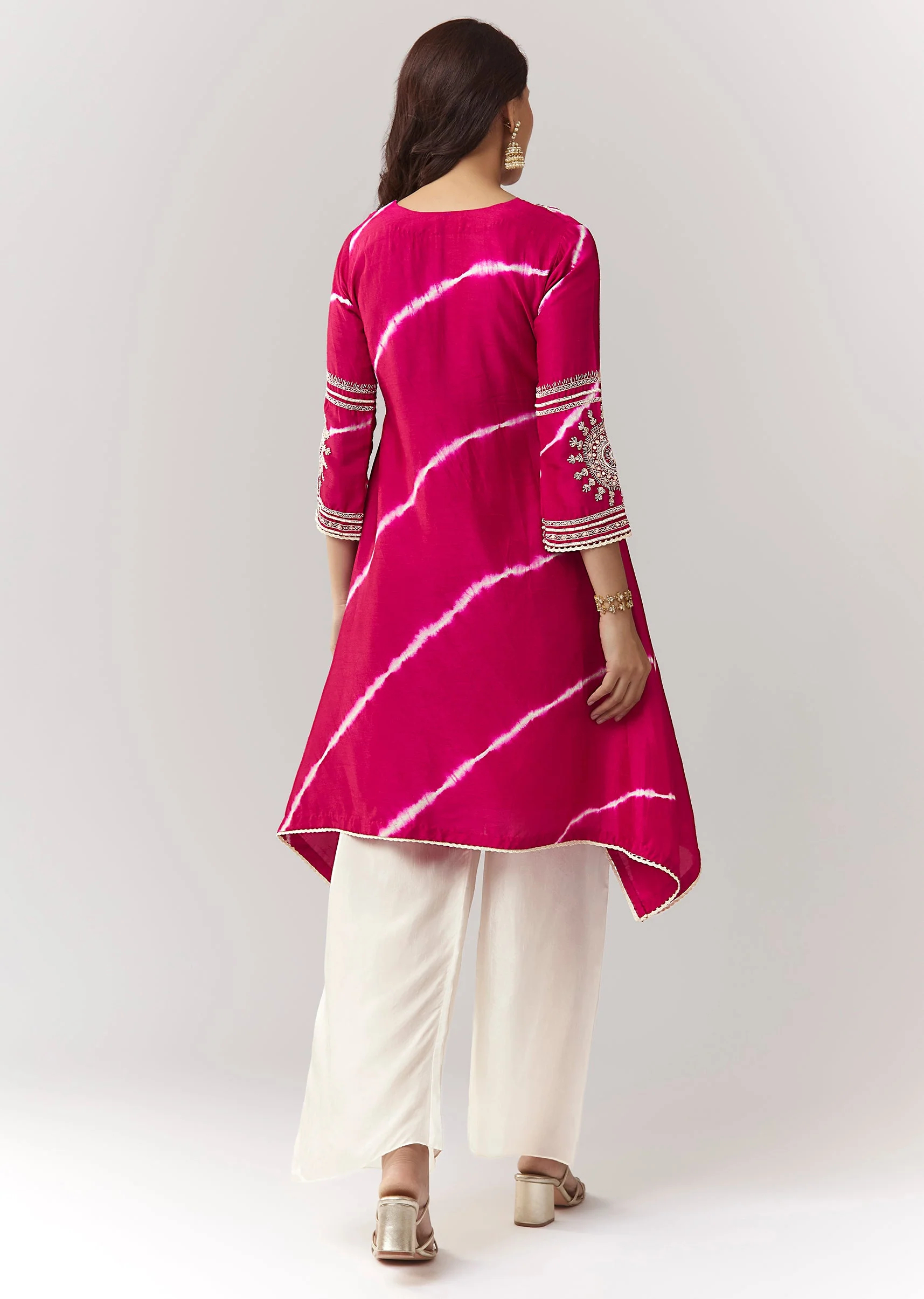 Pink Leheriya A Line Kurta Palazzo Set With Zardosi And Moti Work - Image 5