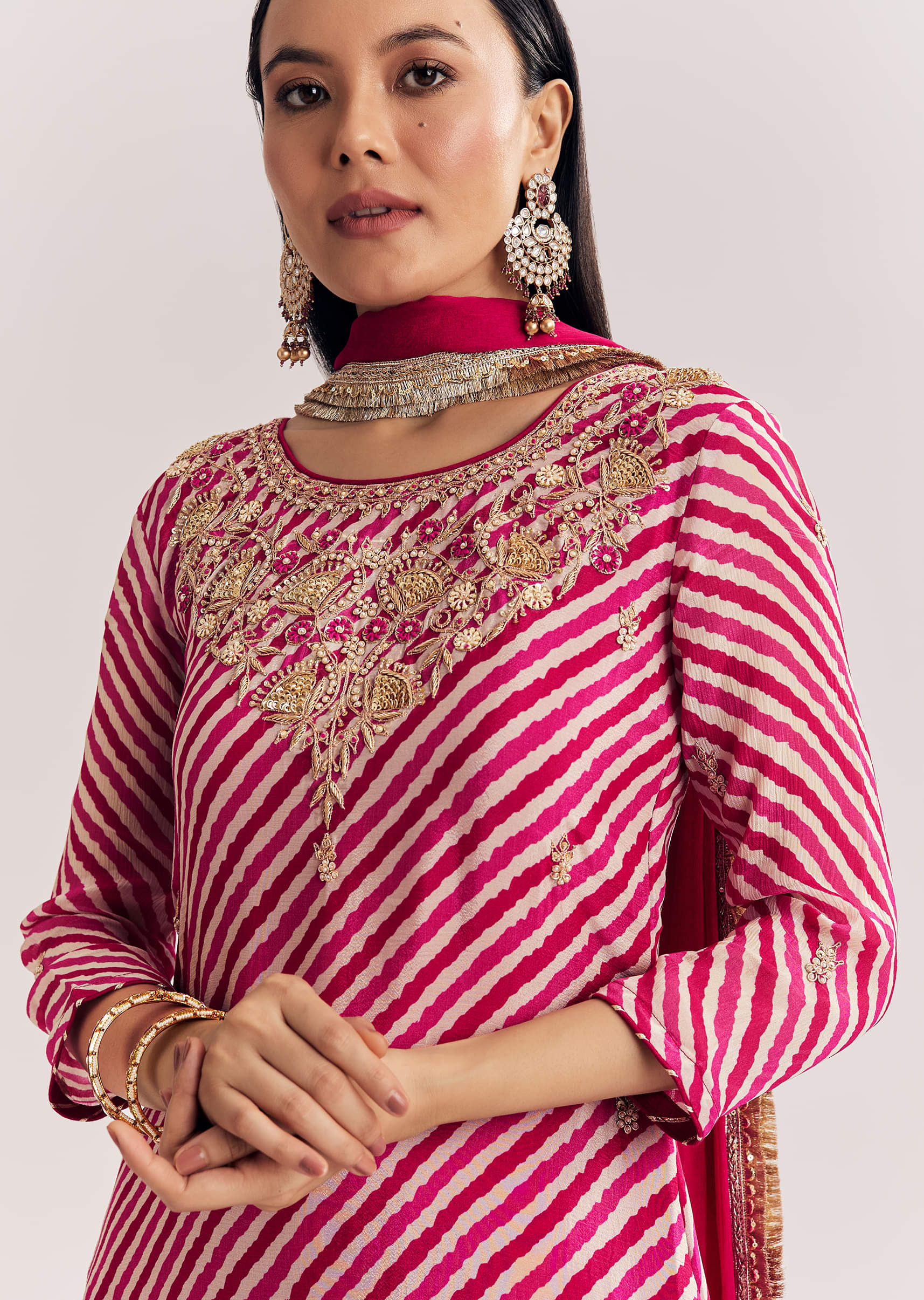 Pink Leheriya Zardosi Work Kurta Palazzo Suit - Image 2