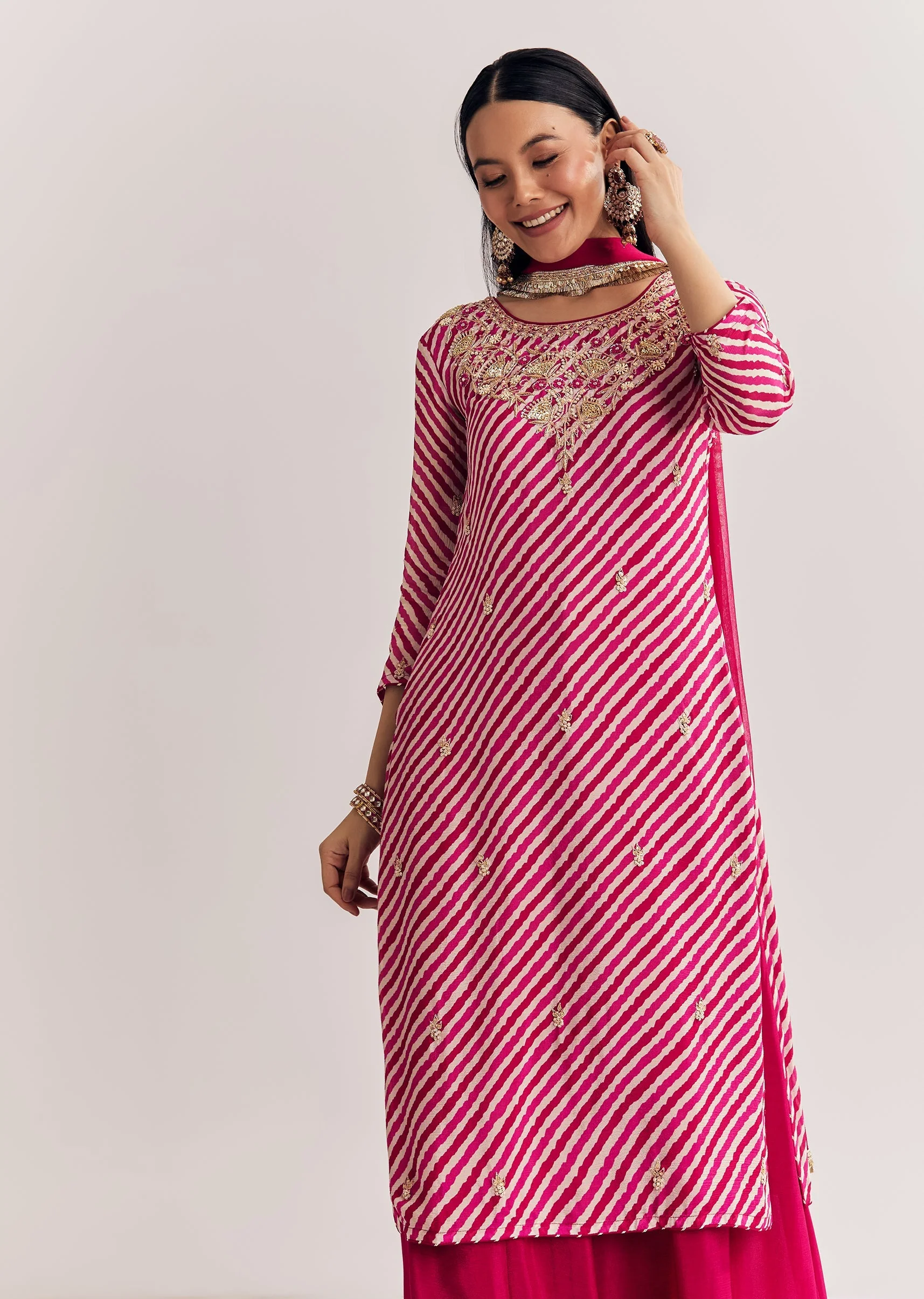 Pink Leheriya Zardosi Work Kurta Palazzo Suit - Image 3