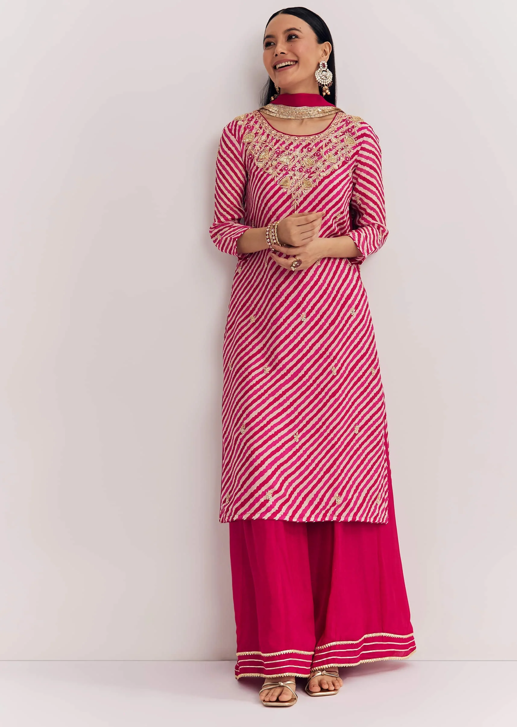 Pink Leheriya Zardosi Work Kurta Palazzo Suit - Image 4