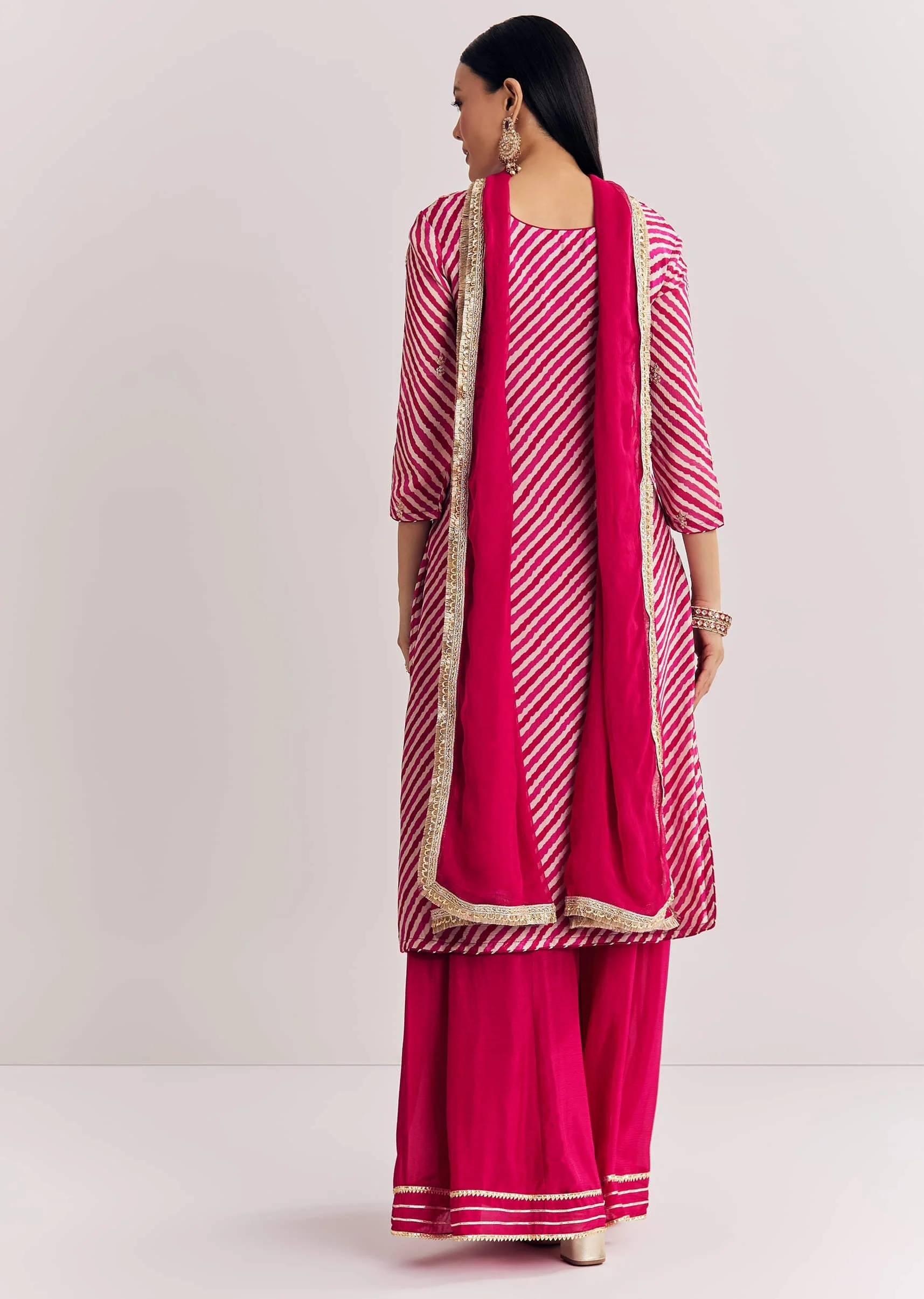 Pink Leheriya Zardosi Work Kurta Palazzo Suit - Image 5