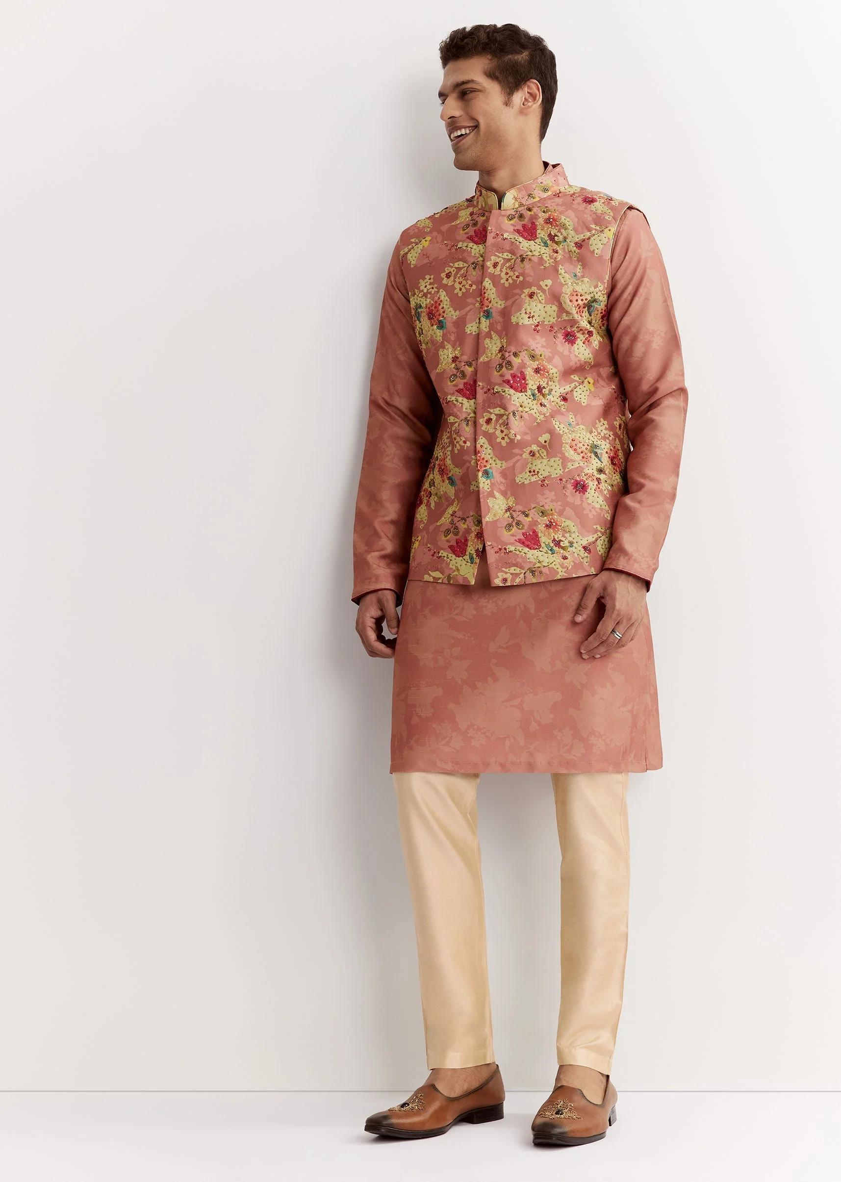 Pink Linen Floral Printed Jacket Kurta Set With Sequins - Image 4