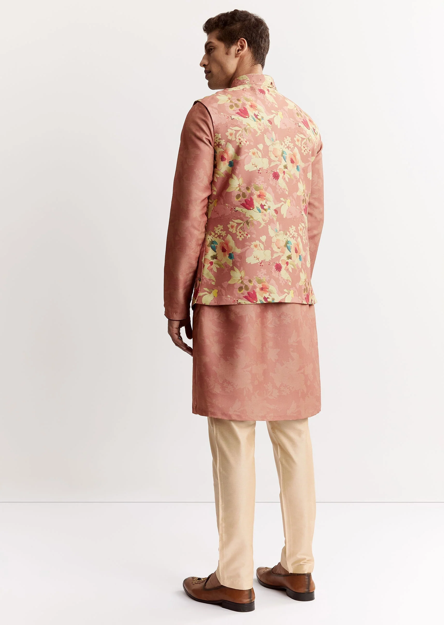 Pink Linen Floral Printed Jacket Kurta Set With Sequins - Image 5