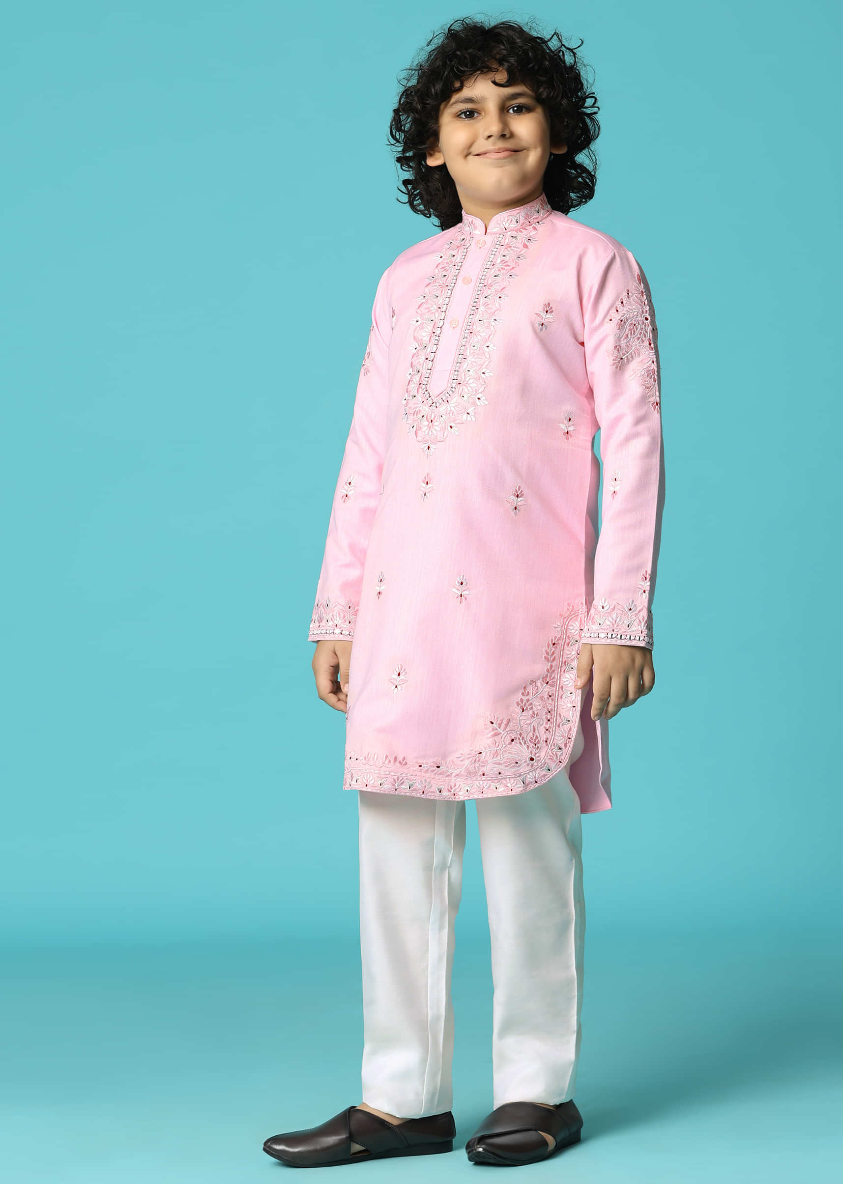 Pink Linen Kurta Pant With Resham Work For Boys - Image 3