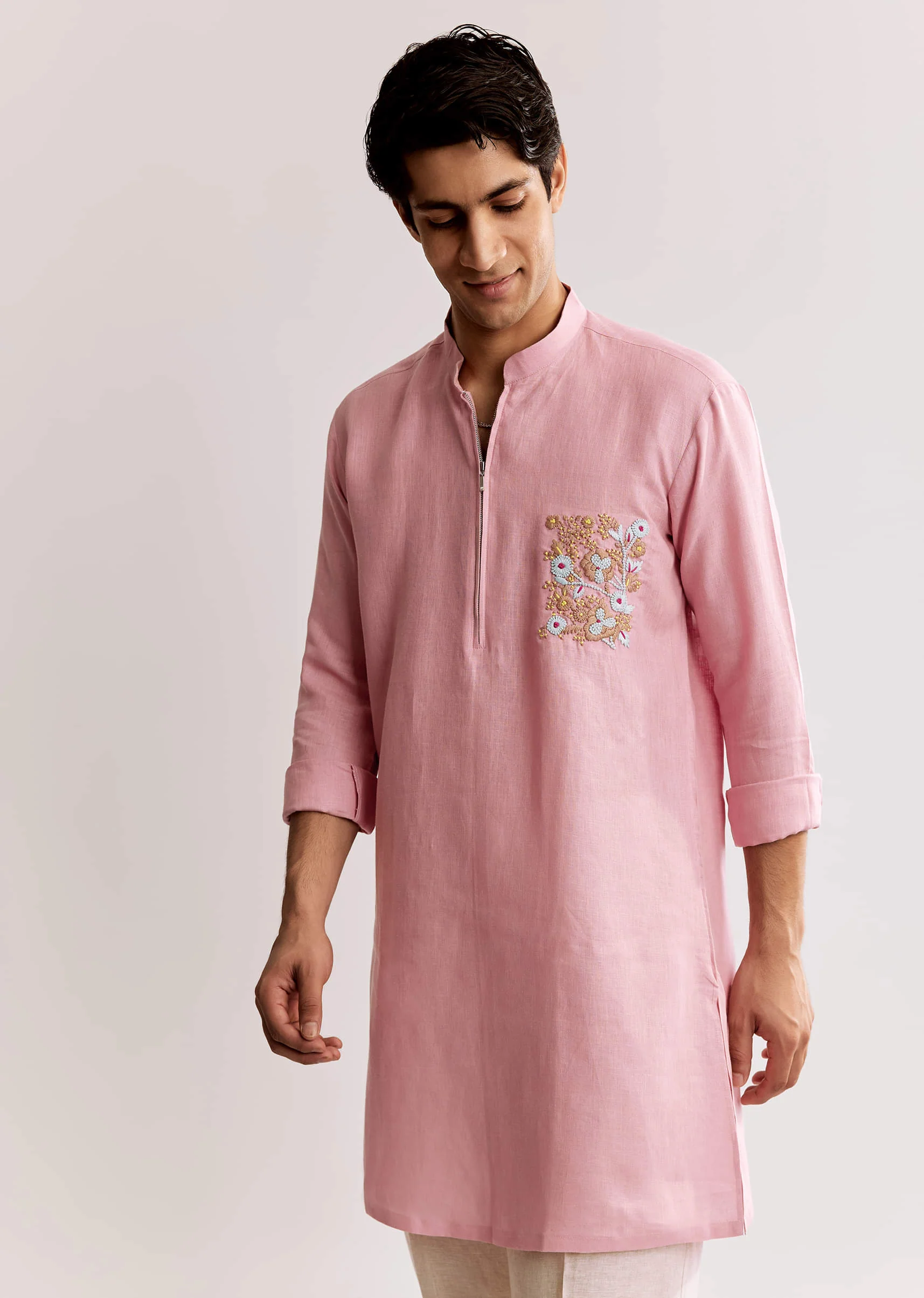 Pink Linen Kurta Set With Embroidery