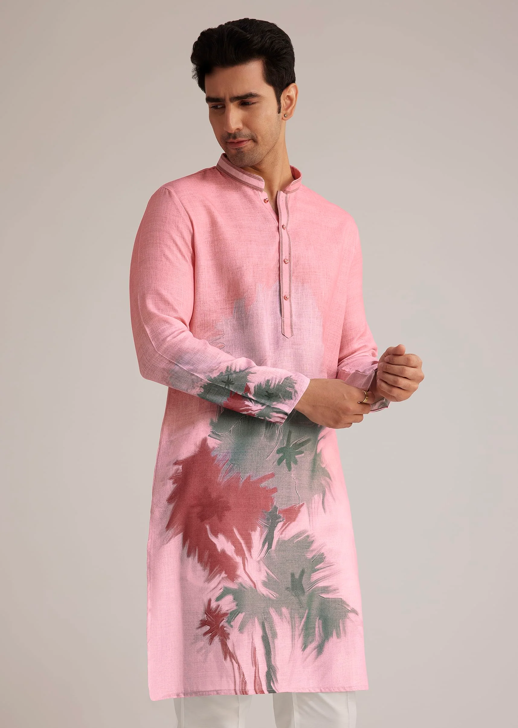 Pink Linen Ombre Kurta Set With Abstract Print - Image 2
