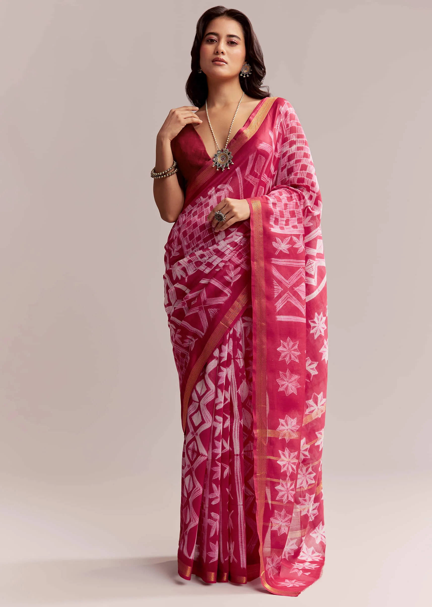 Pink Linen Printed Saree With Authentic Shibori Print - Image 3