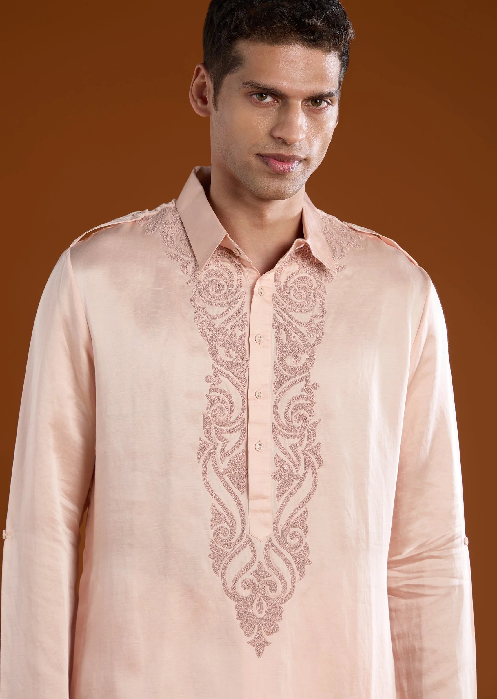 Pink Linen Satin Mens Kurta Pant Set - Image 2