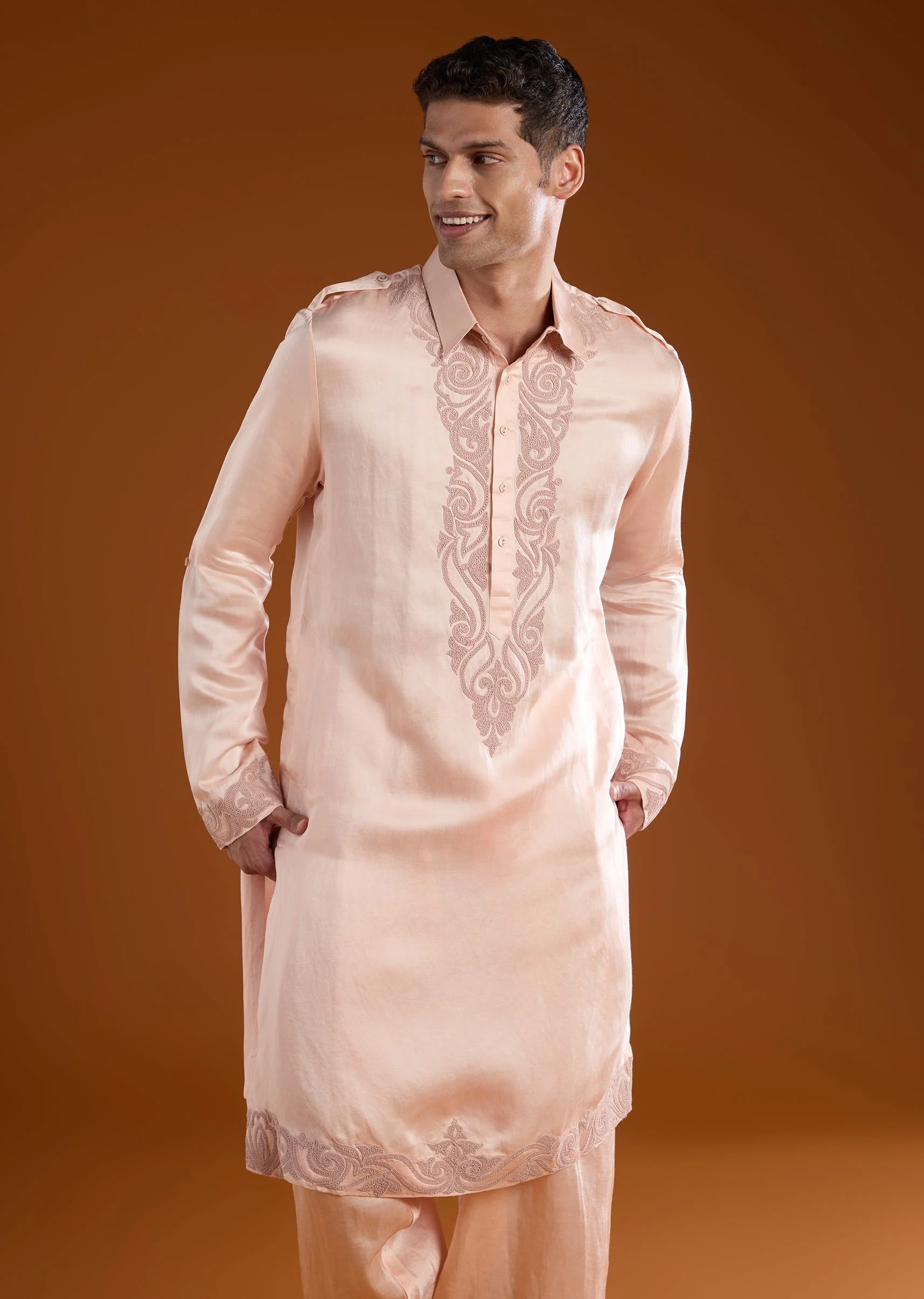 Pink Linen Satin Mens Kurta Pant Set - Image 4