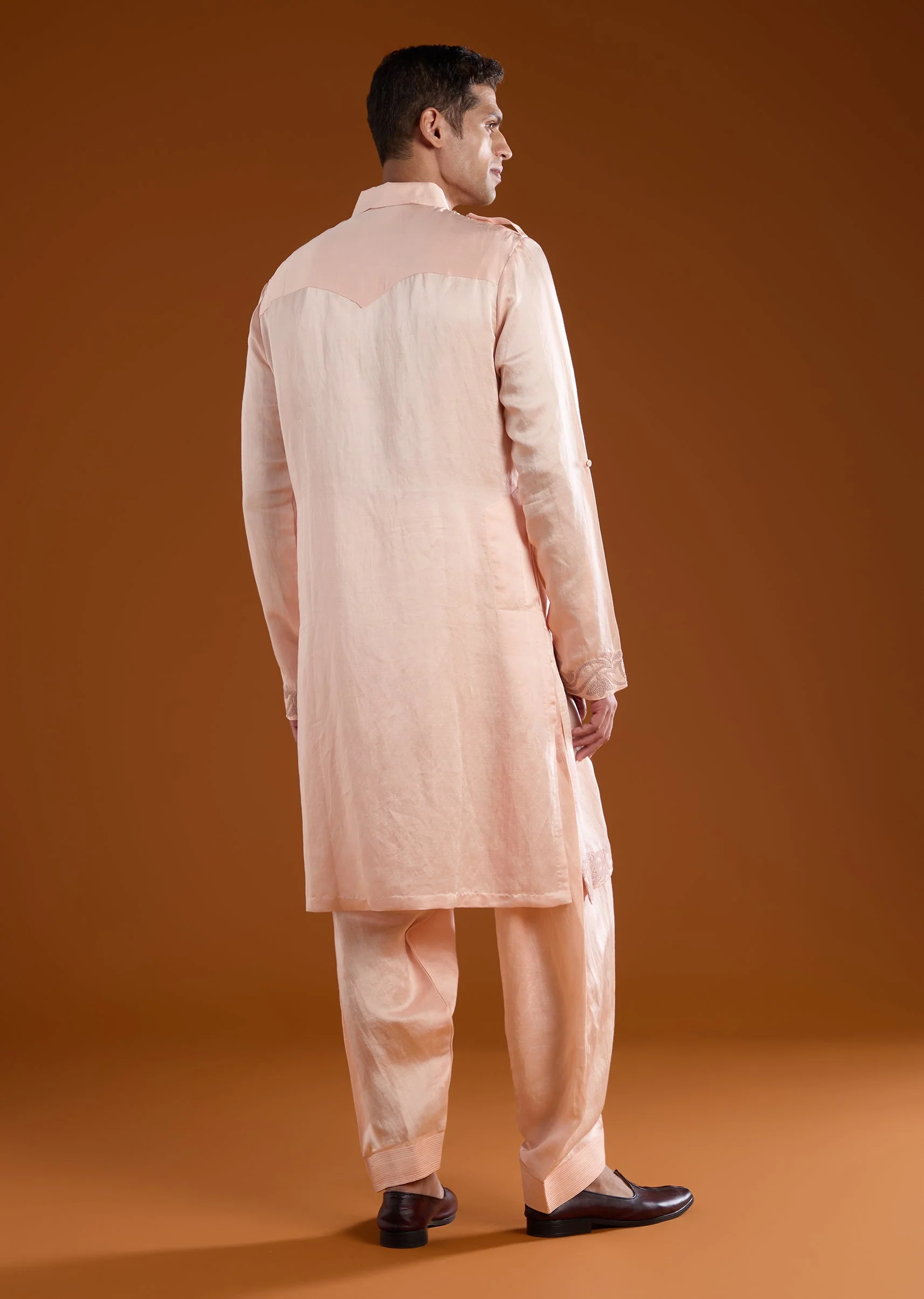 Pink Linen Satin Mens Kurta Pant Set - Image 5
