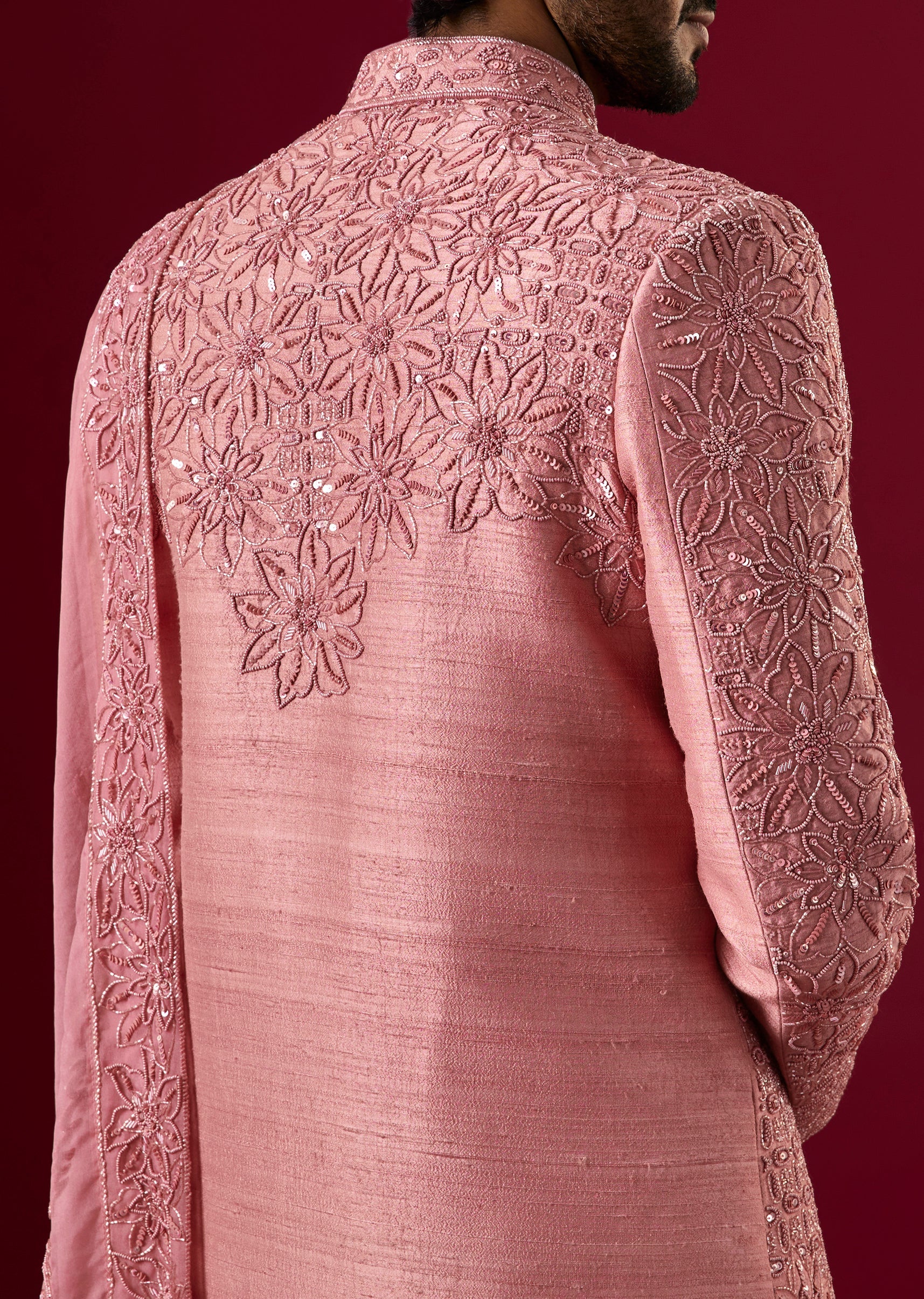 Pink Linen Sherwani Set With Sequin Work - Image 4