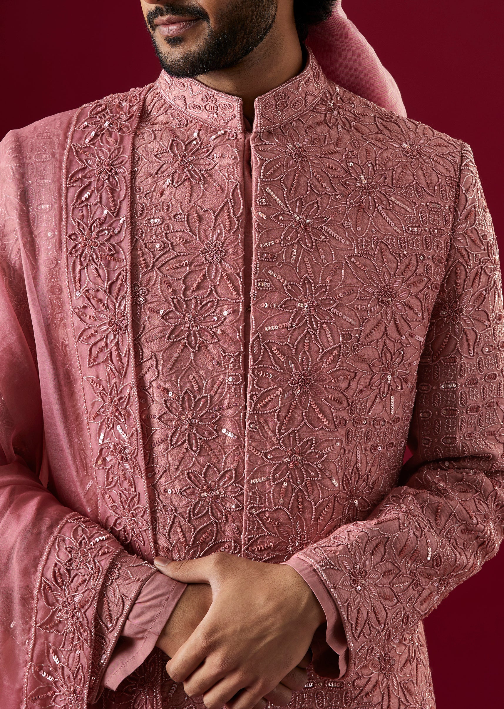 Pink Linen Sherwani Set With Sequin Work - Image 5