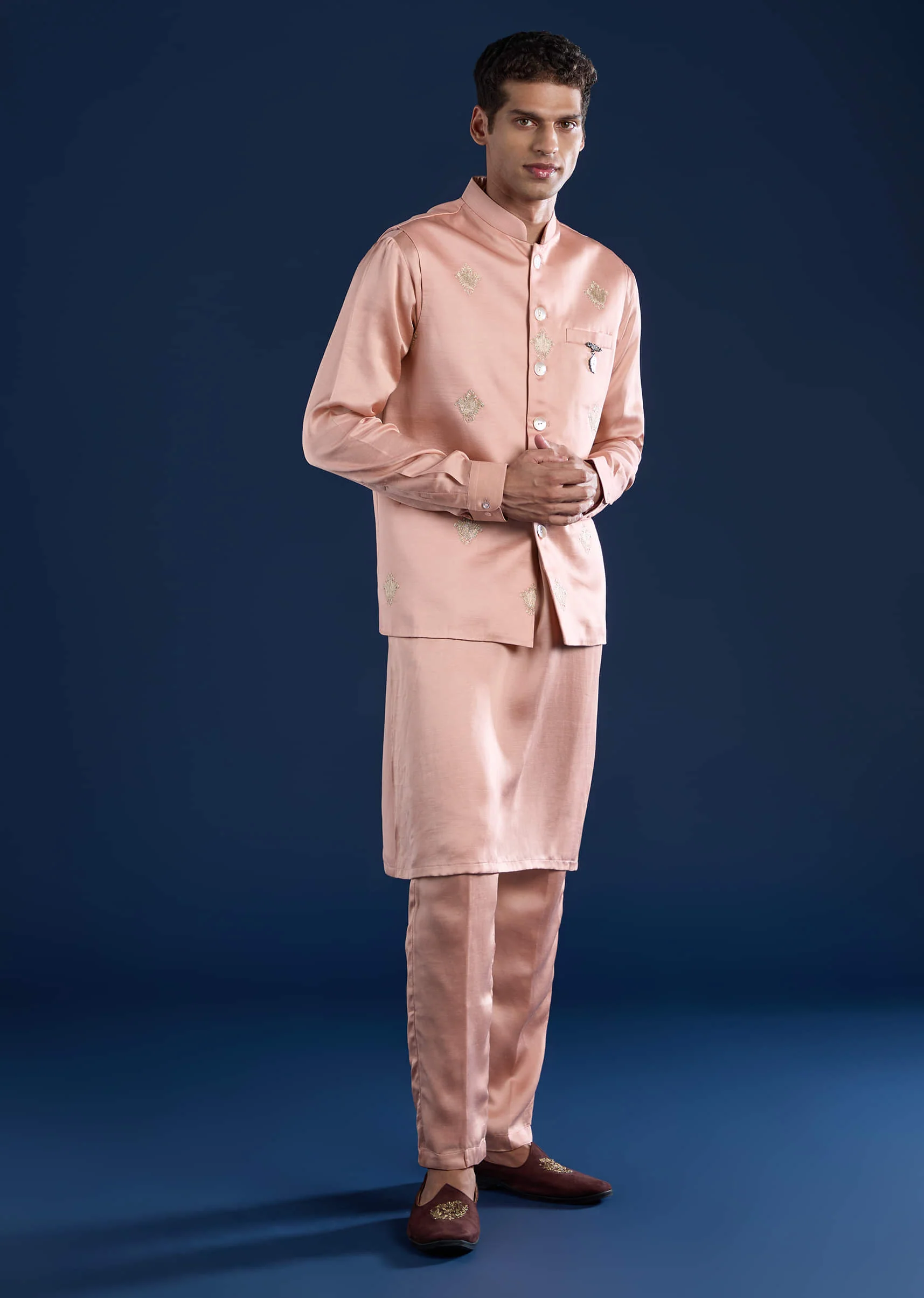 Pink Linen Silk Jacket Kurta Set with Zari Work - Image 3