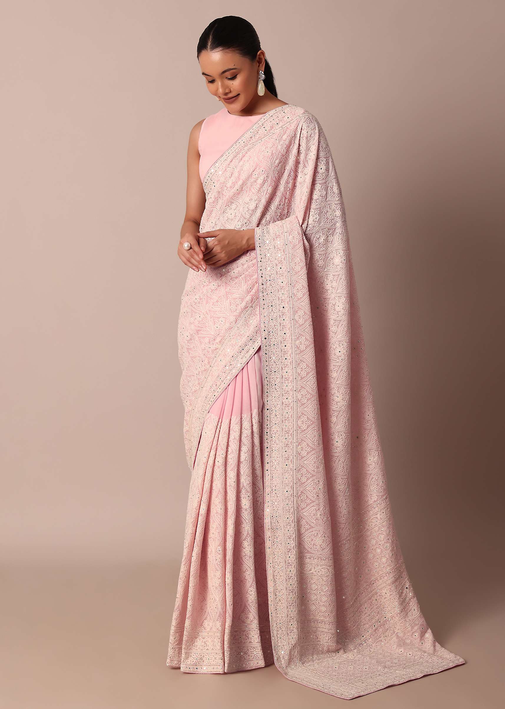 Pink Lucknowi Chikankari Saree With Sequin Embellishments - Image 2