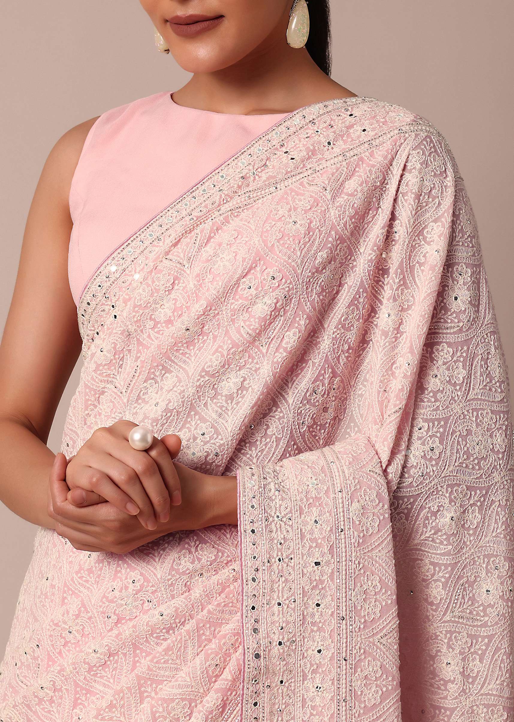 Pink Lucknowi Chikankari Saree With Sequin Embellishments - Image 3