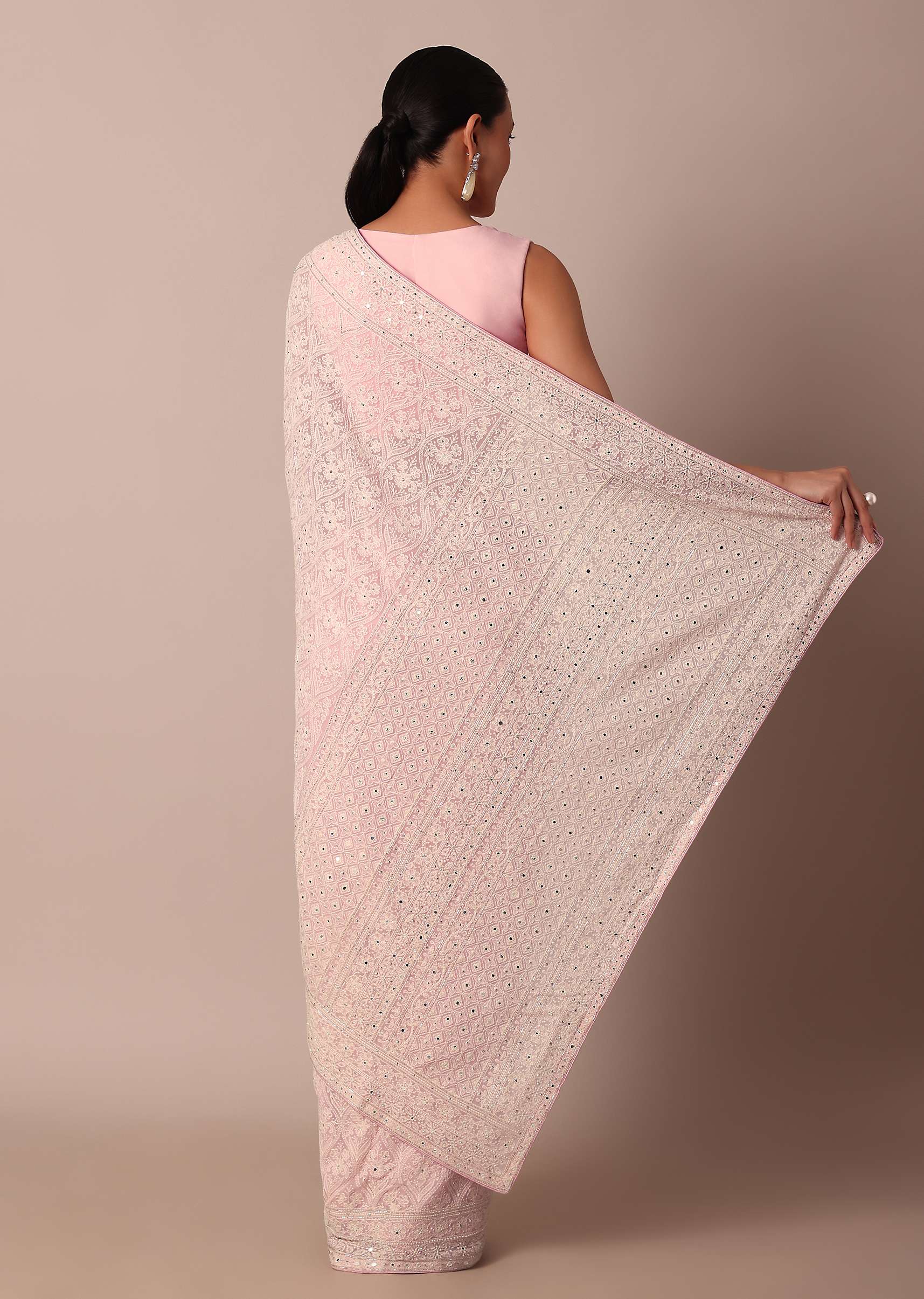 Pink Lucknowi Chikankari Saree With Sequin Embellishments - Image 6
