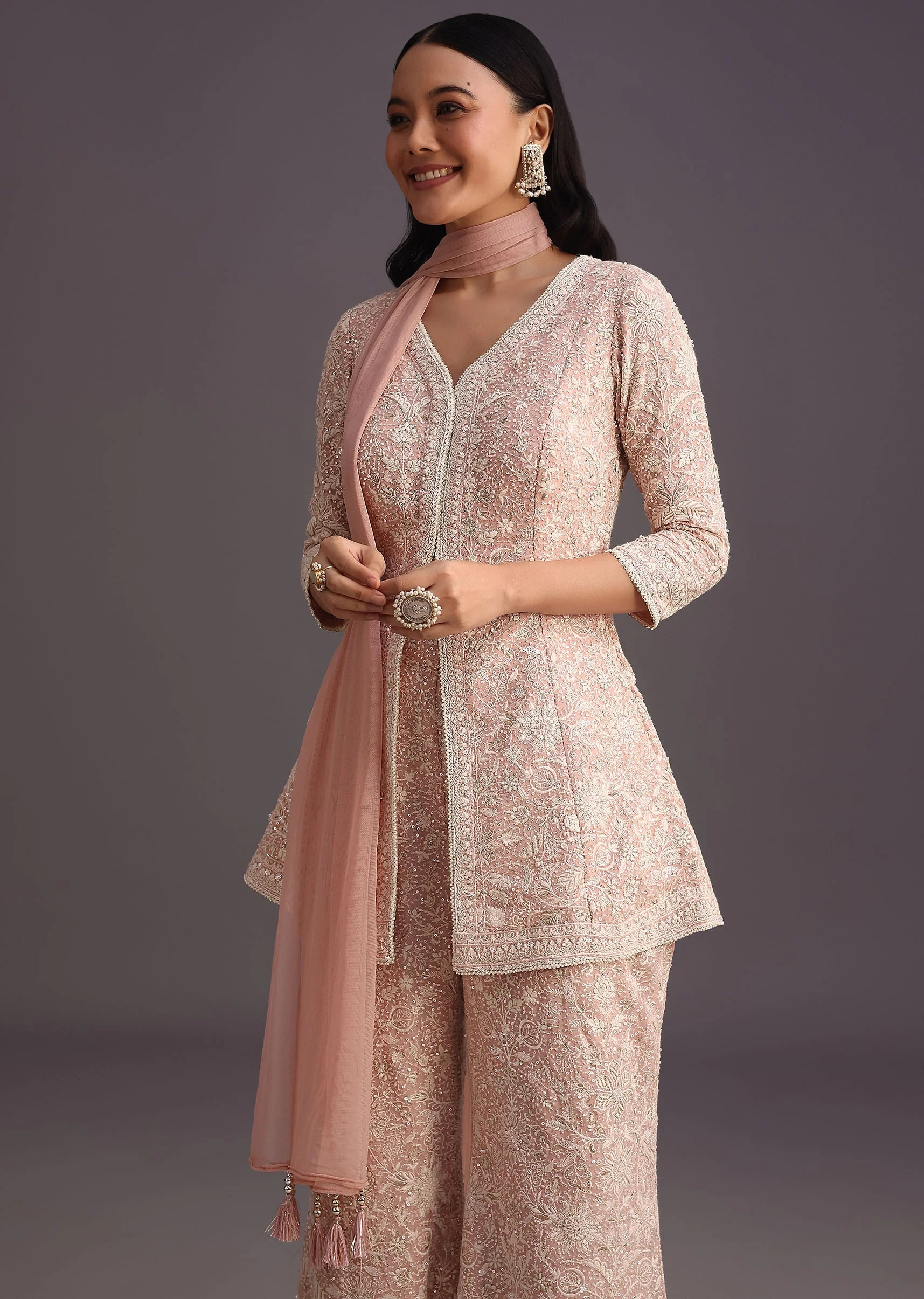 Pink Lucknowi Kurti Palazzo With Net Dupatta - Image 4