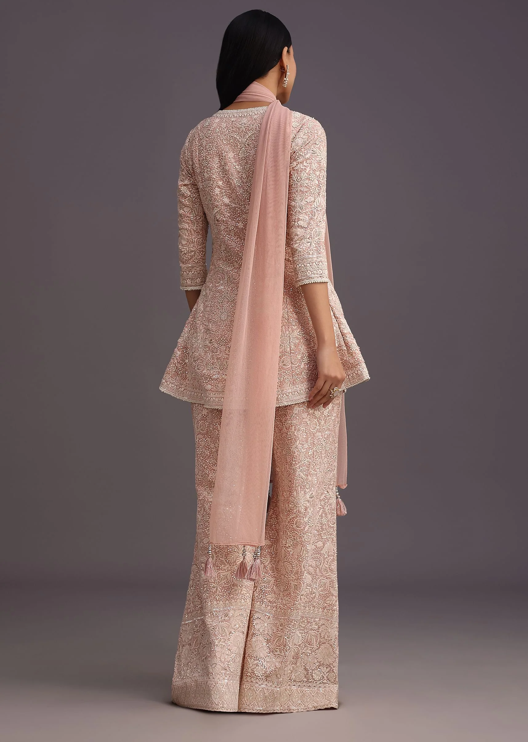 Pink Lucknowi Kurti Palazzo With Net Dupatta - Image 5
