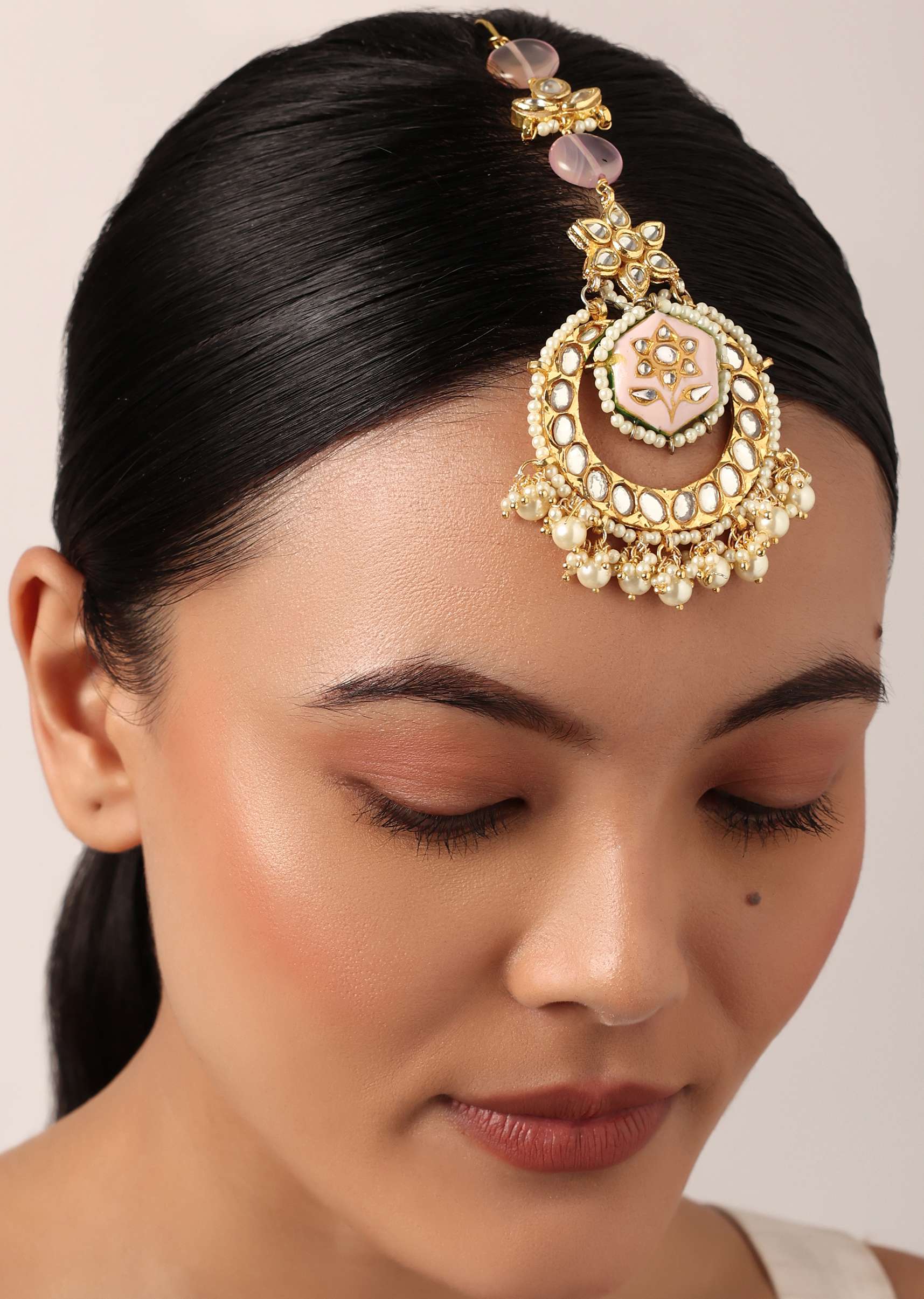 Pink Maangtikka With Pearl Drops And Meenakari Motif - Image 3
