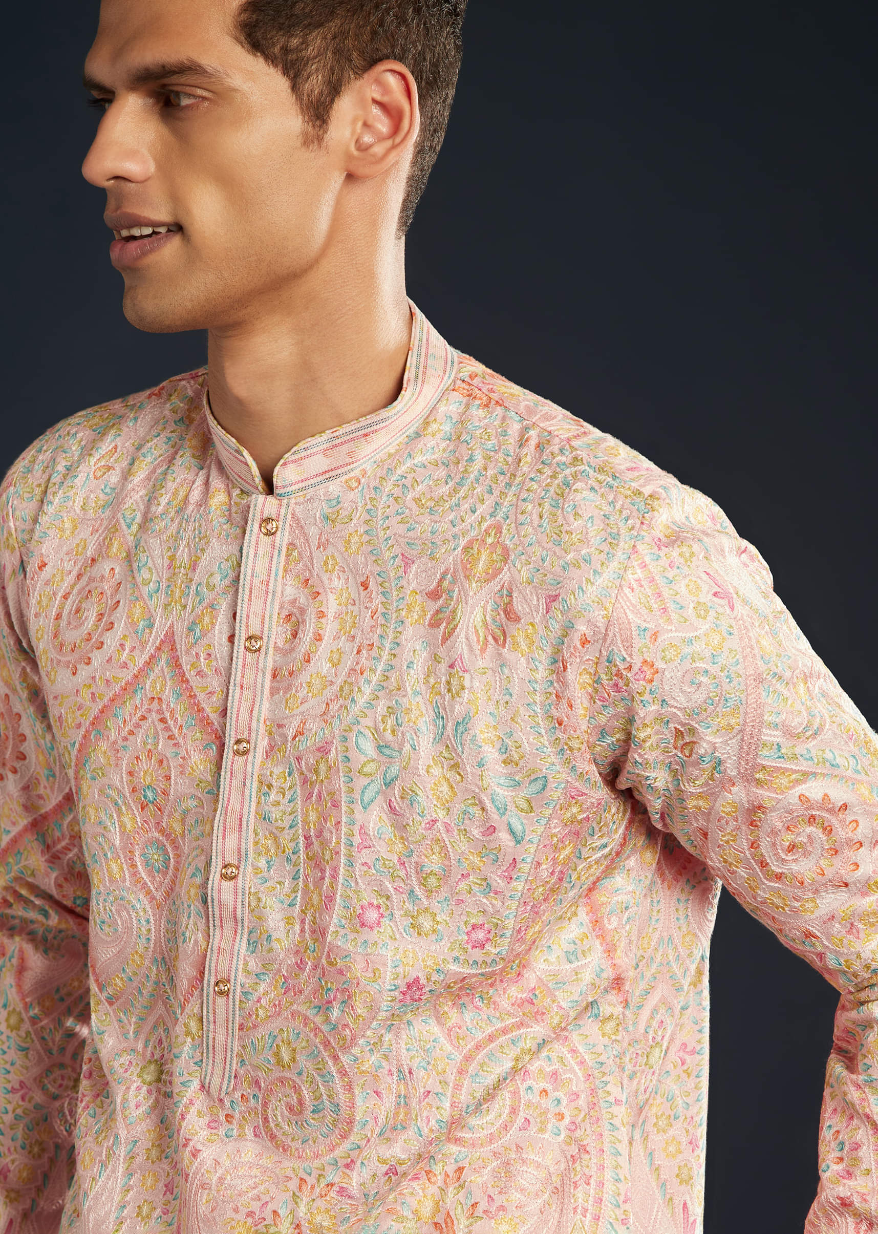 Pink Mens Kurta Set with Resham Thread Embroidery - Image 2