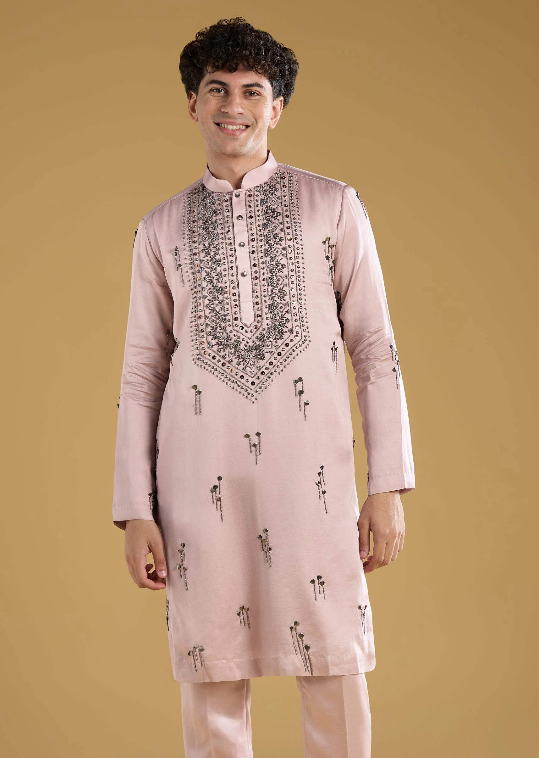 Pink Mens Kurta Set With Thread Metal And Beads Detail - Image 3