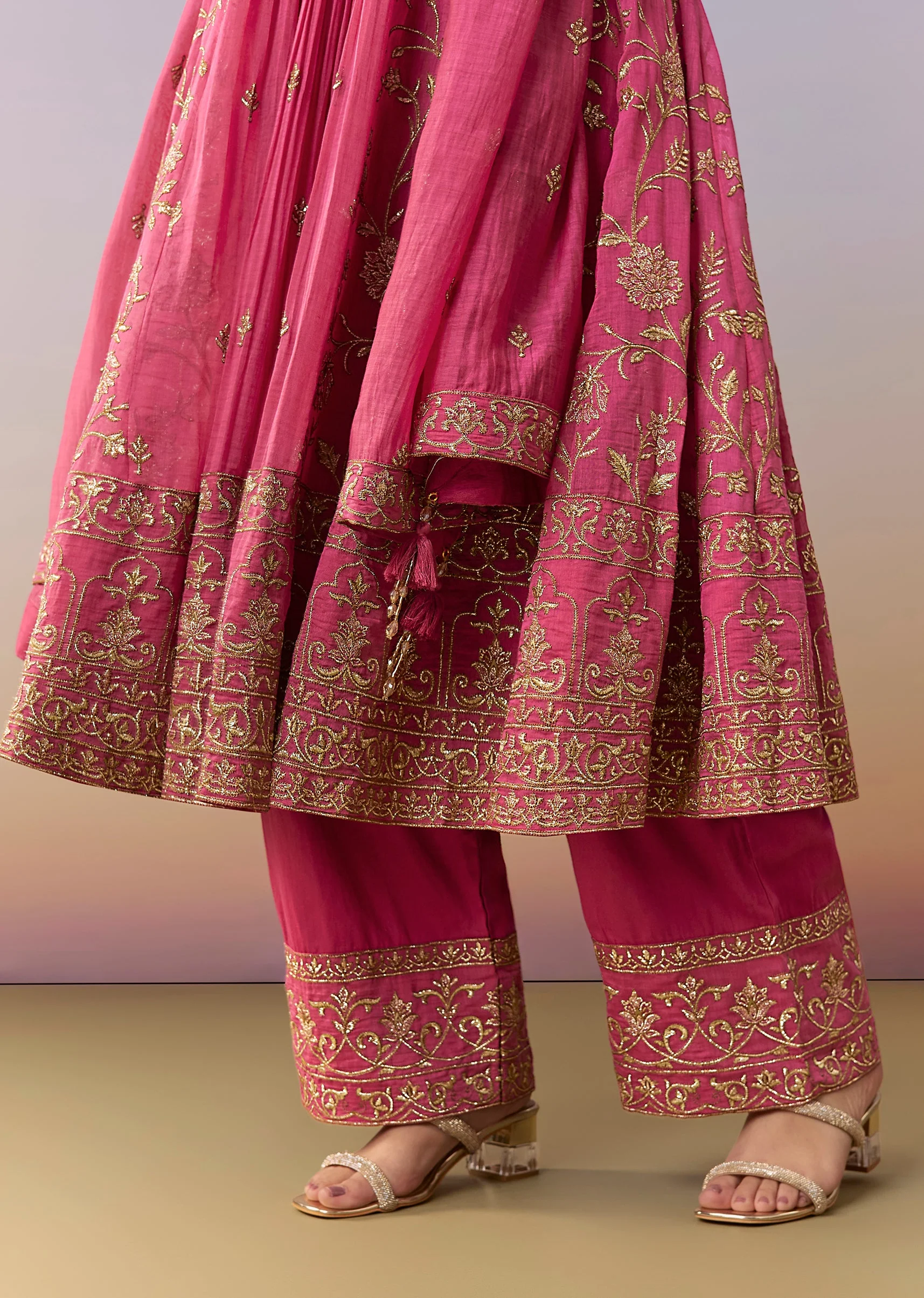 Pink Metallic Embroidered Anarkali Suit Set With Pant And Dupatta - Image 2