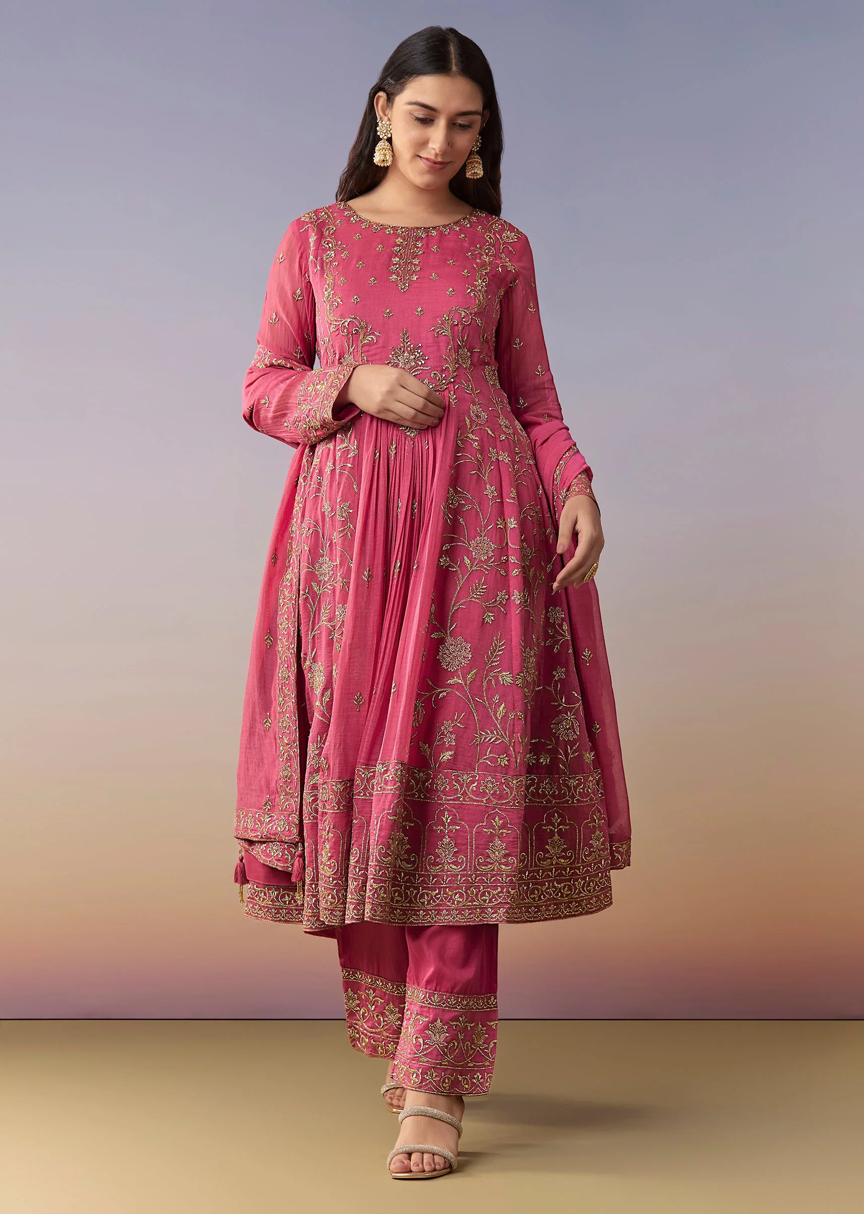Pink Metallic Embroidered Anarkali Suit Set With Pant And Dupatta - Image 3