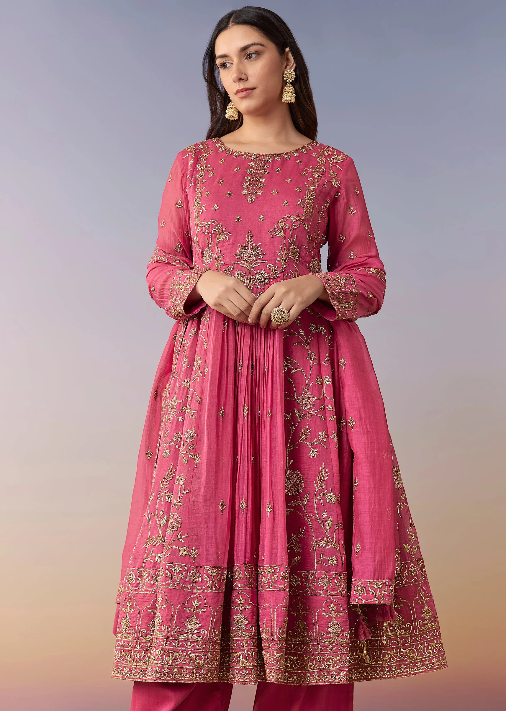 Pink Metallic Embroidered Anarkali Suit Set With Pant And Dupatta - Image 4