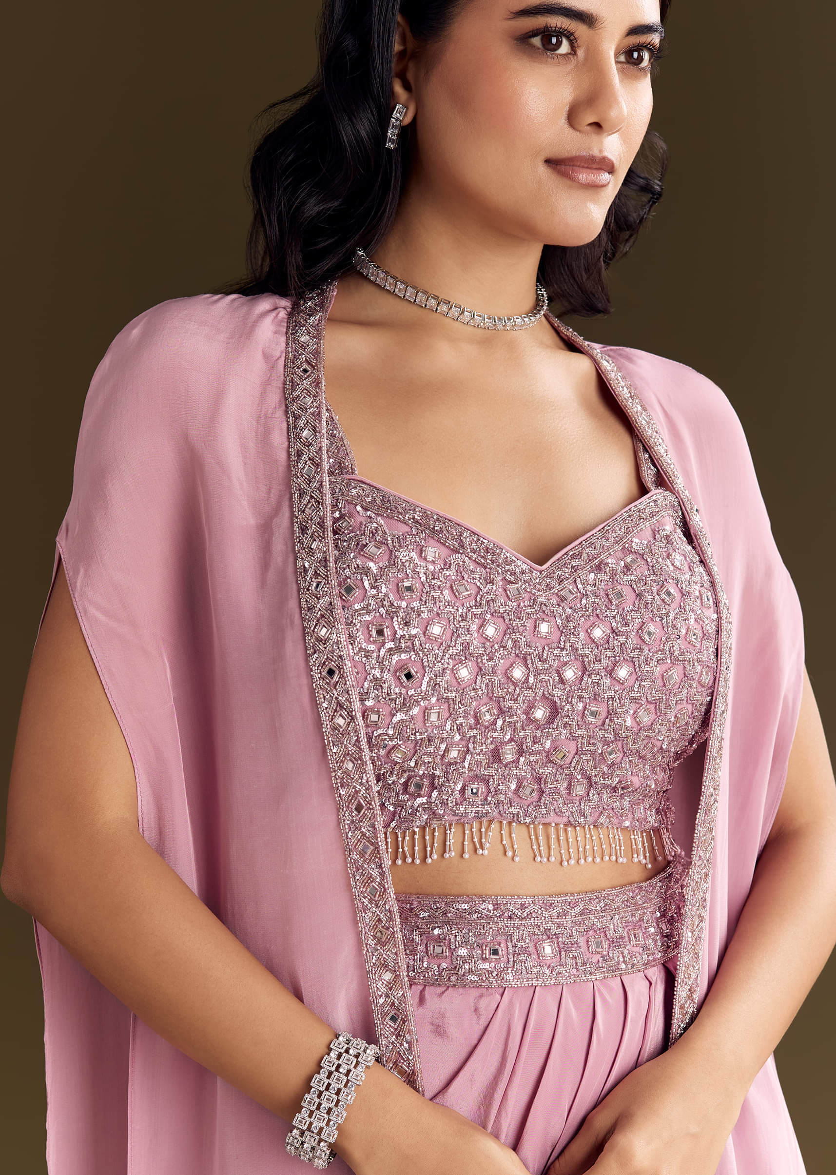 Pink Mirror Sequin Embroidered Croptop Skirt With Cape - Image 3