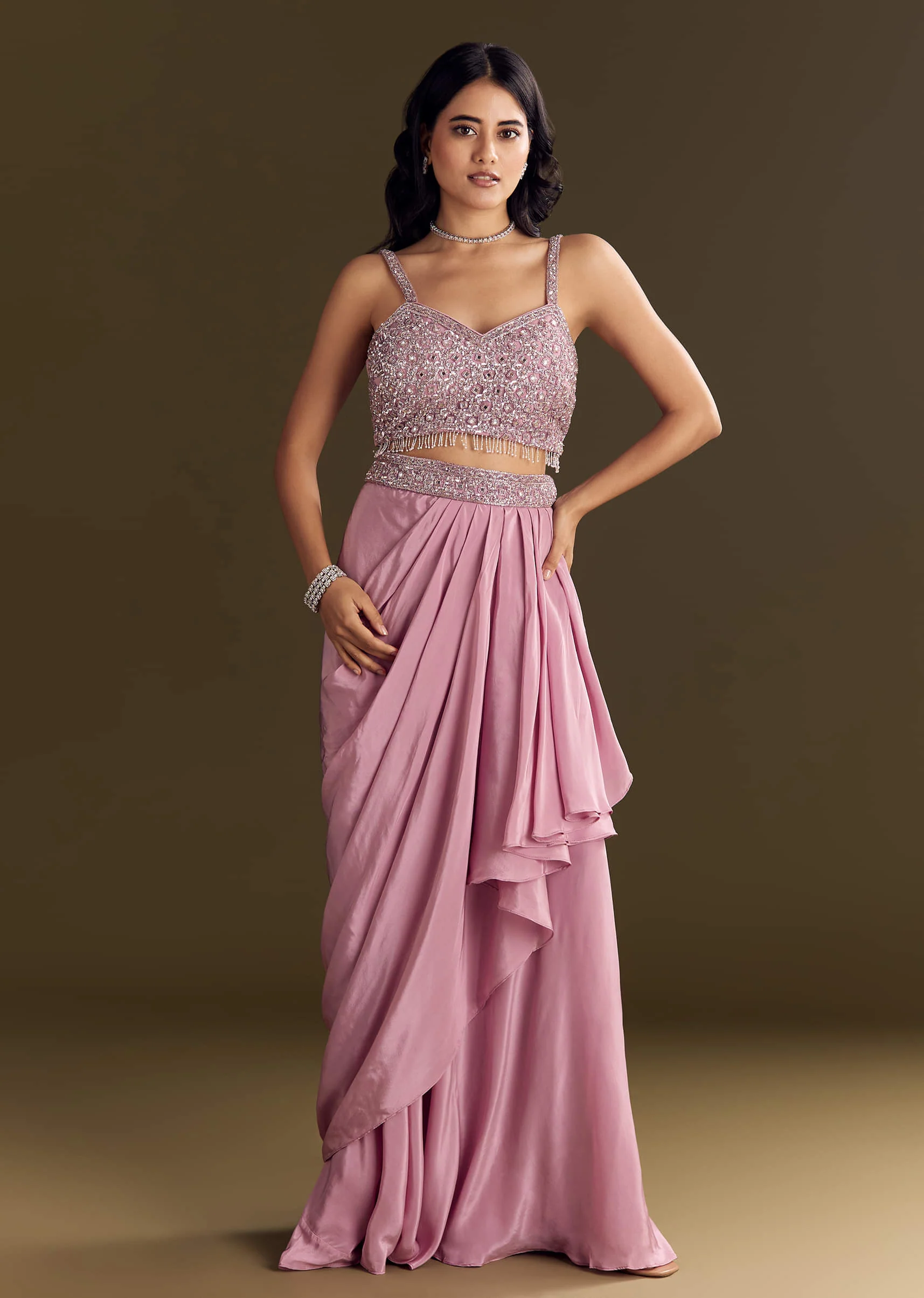 Pink Mirror Sequin Embroidered Croptop Skirt With Cape - Image 5