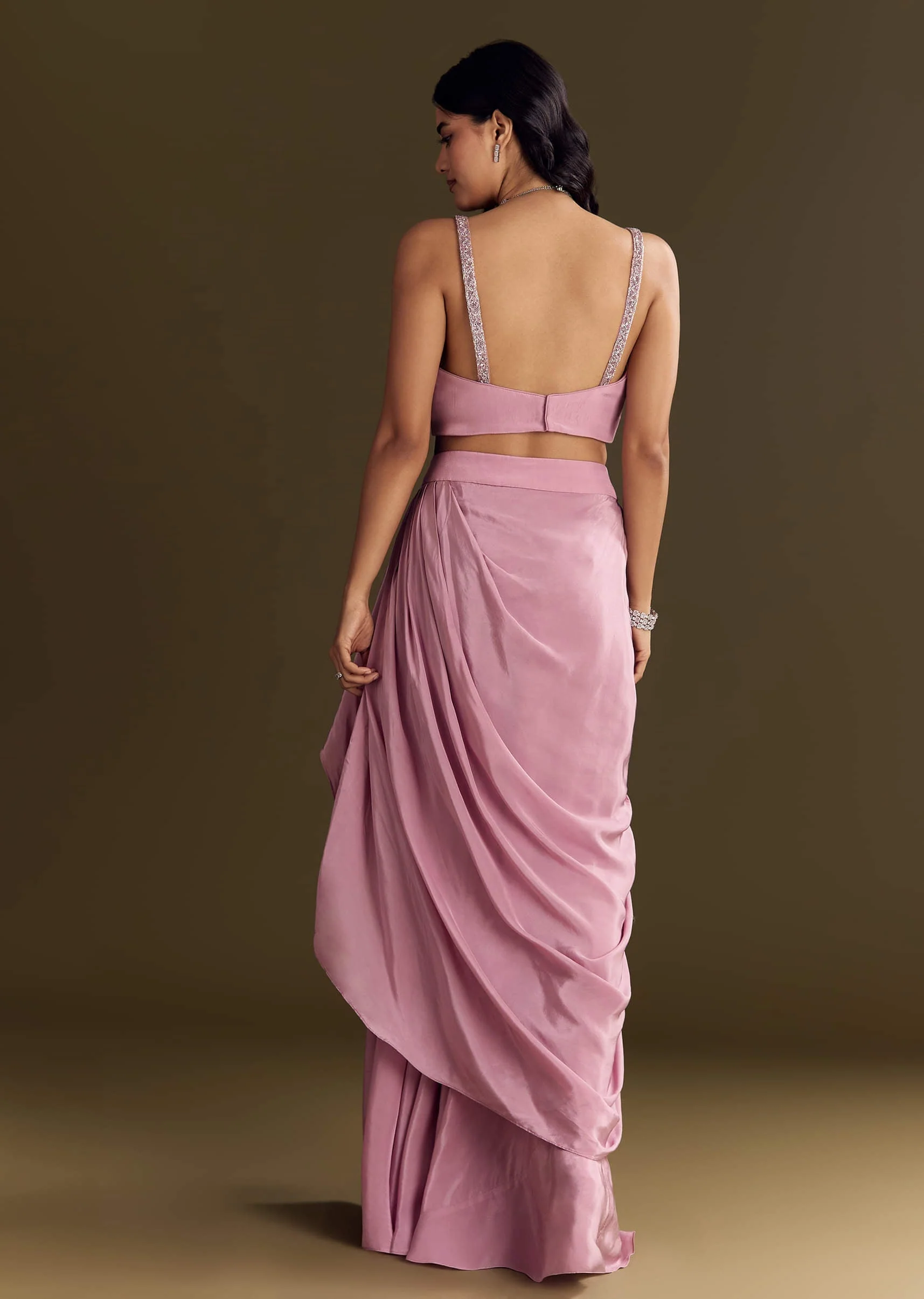 Pink Mirror Sequin Embroidered Croptop Skirt With Cape - Image 6
