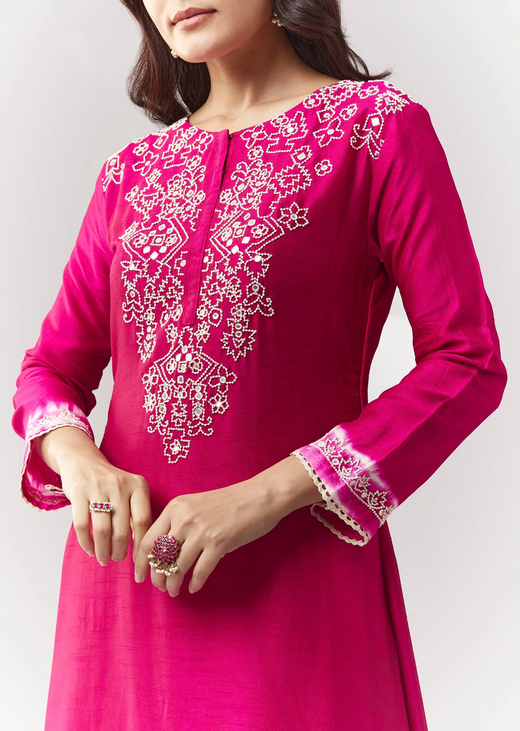 Pink Moti Mirror Kurta Pant Coord With Leheriya Border - Image 2