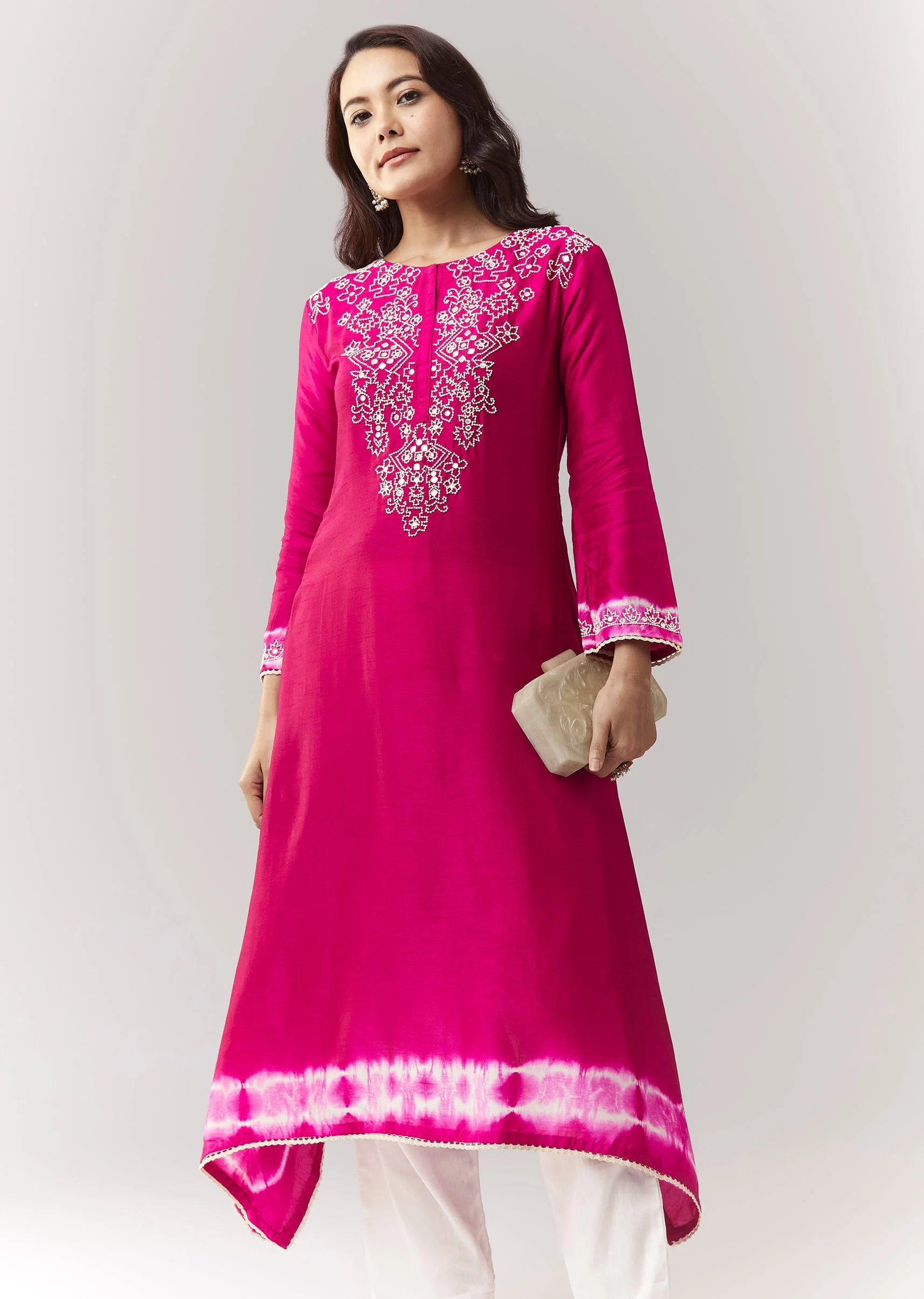 Pink Moti Mirror Kurta Pant Coord With Leheriya Border - Image 4