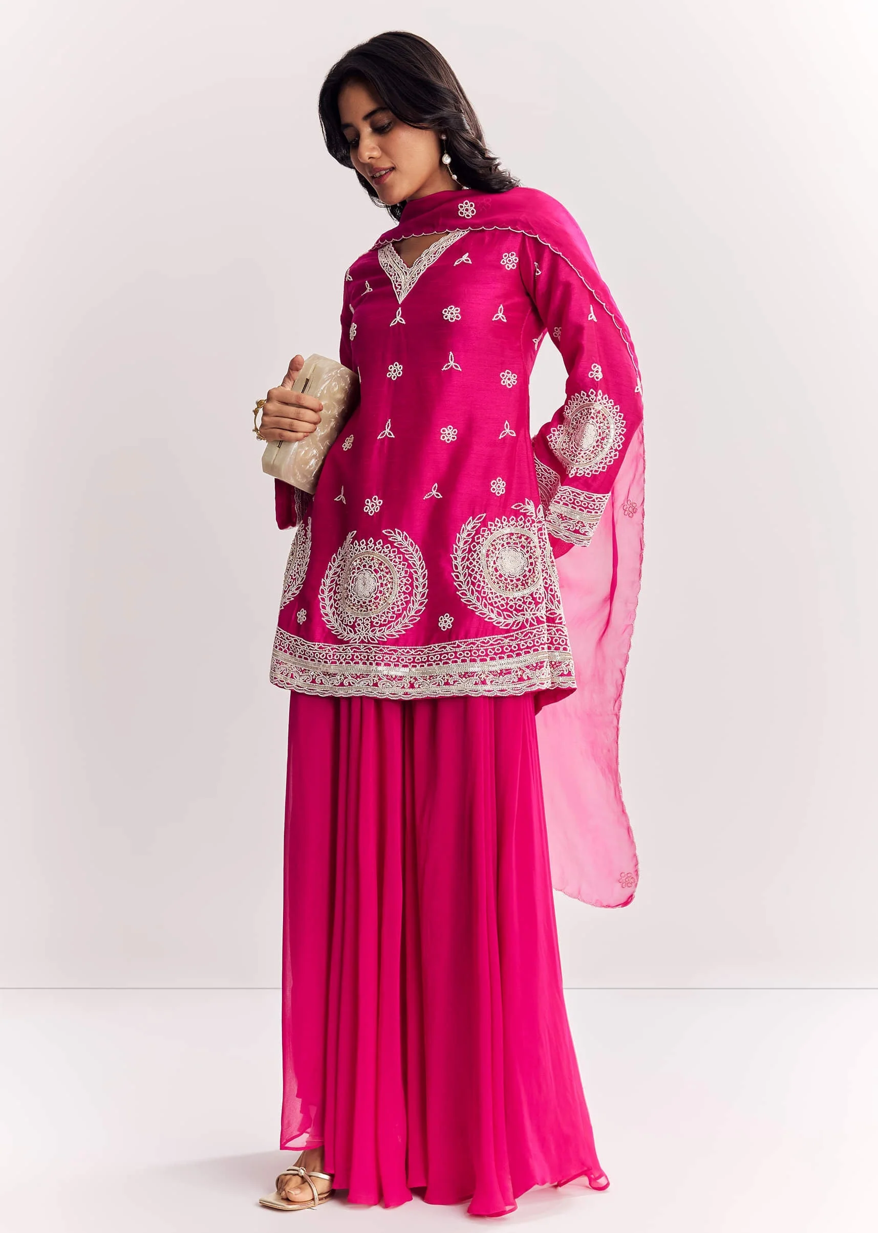 Pink Moti Work Short Kurta Palazzo Suit With Organza Dupatta - Image 4
