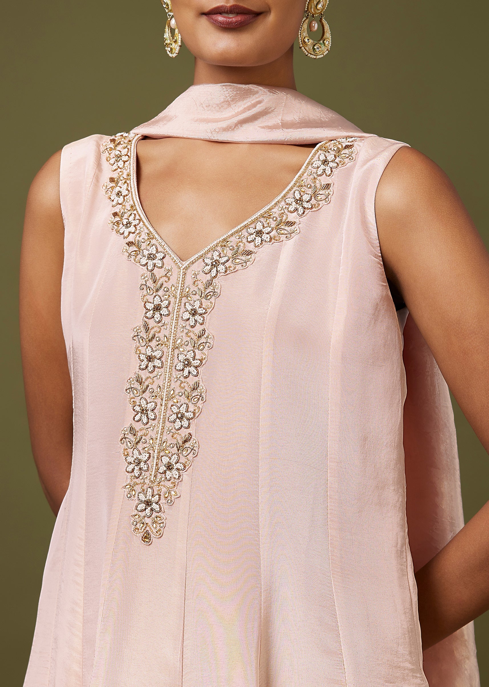 Pink Moti Zardozi Tissue Anarkali Pant Set With Dupatta - Image 2