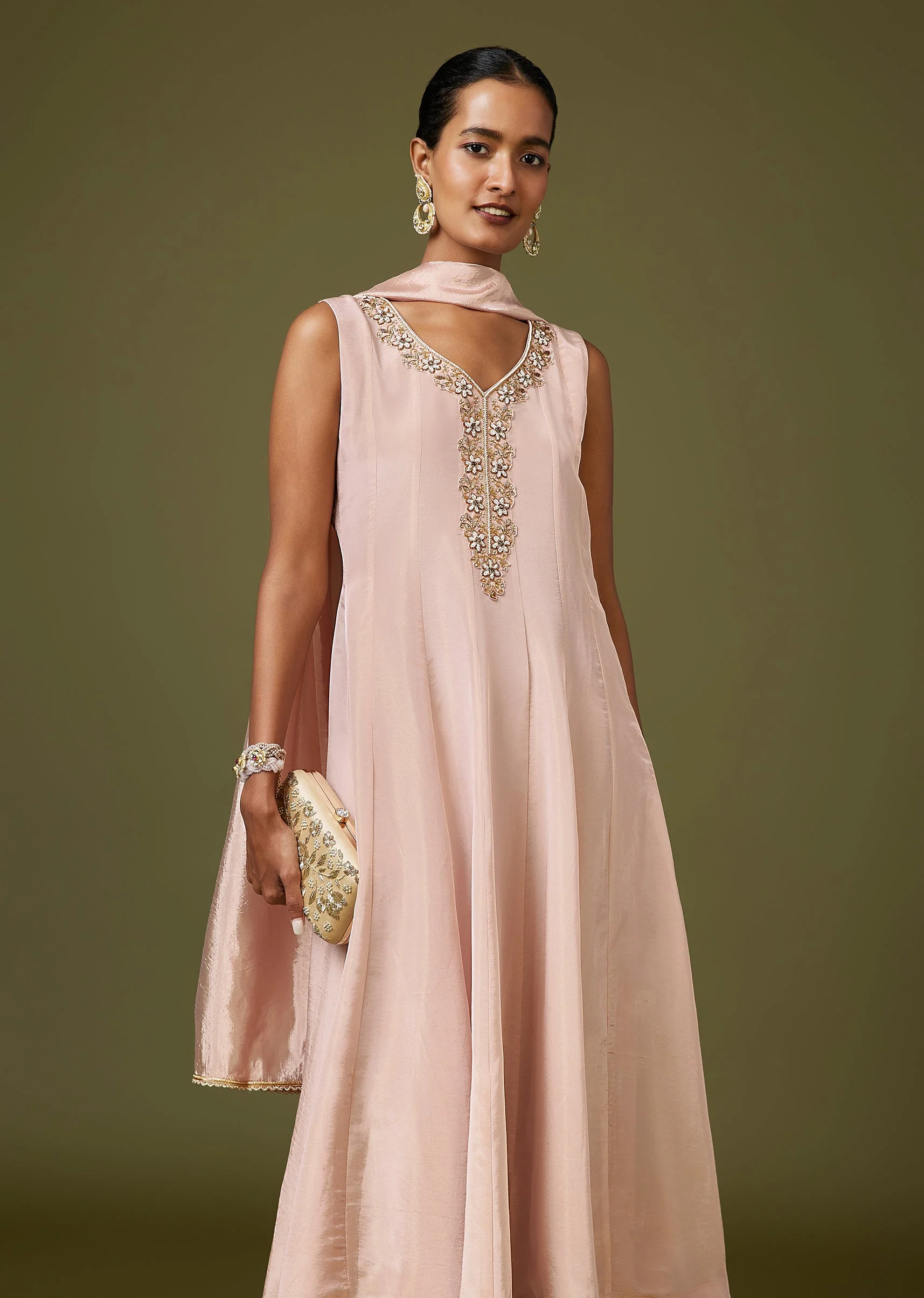 Pink Moti Zardozi Tissue Anarkali Pant Set With Dupatta - Image 4
