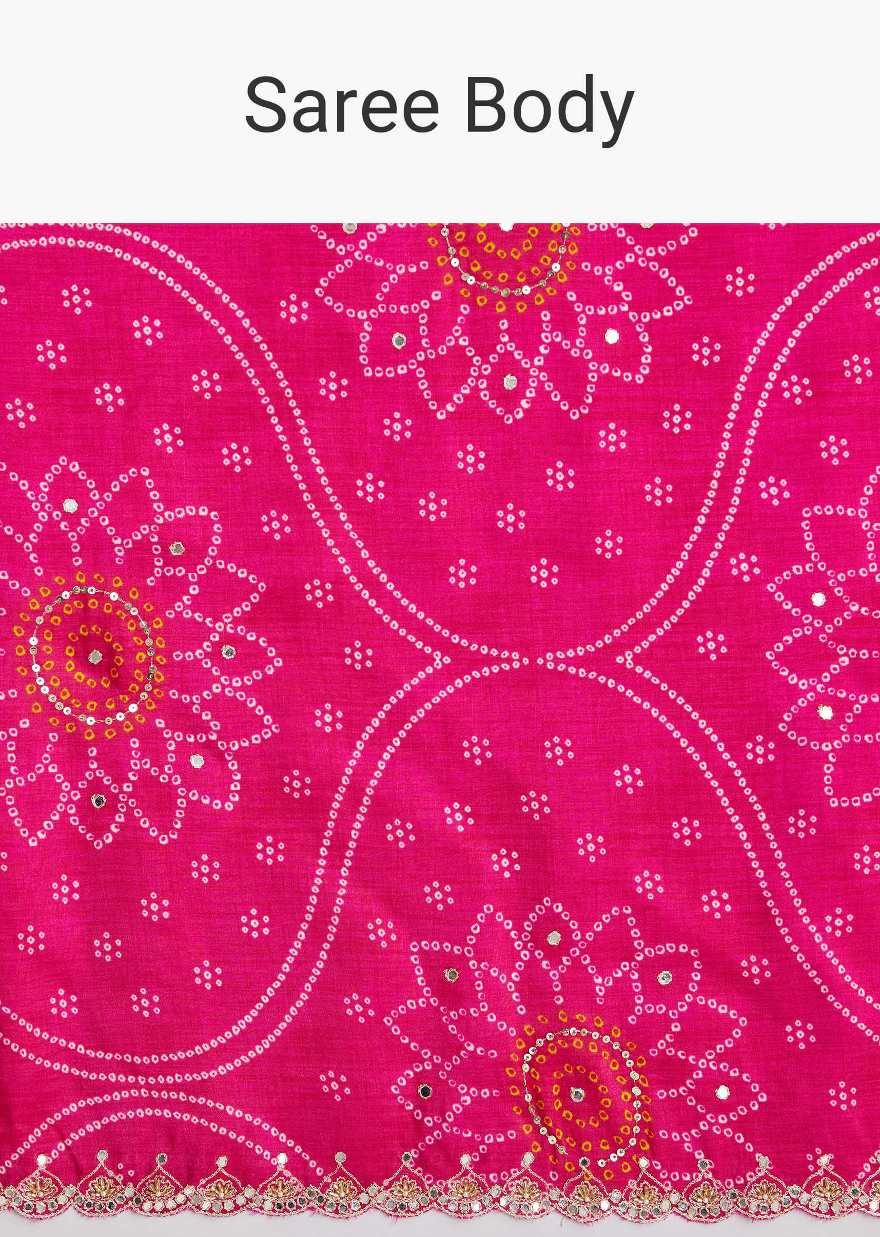 Pink Muslin Bandhani Printed Saree With Zari And Mirror Embroidery - Image 9
