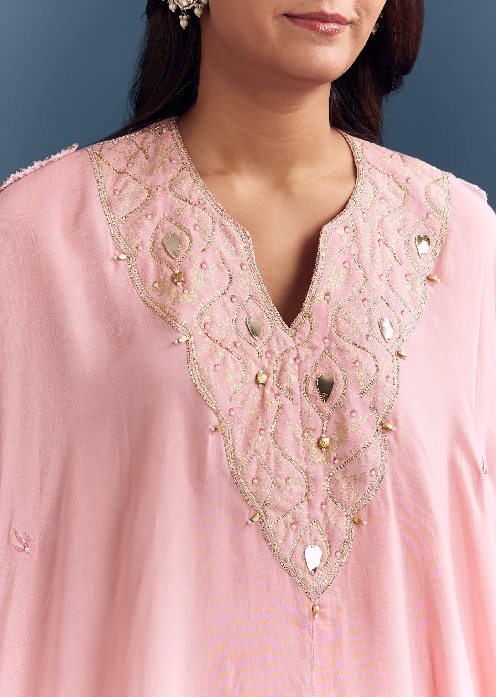 Pink Muslin Cape Top And Dhoti Set With Gota Work - Image 2