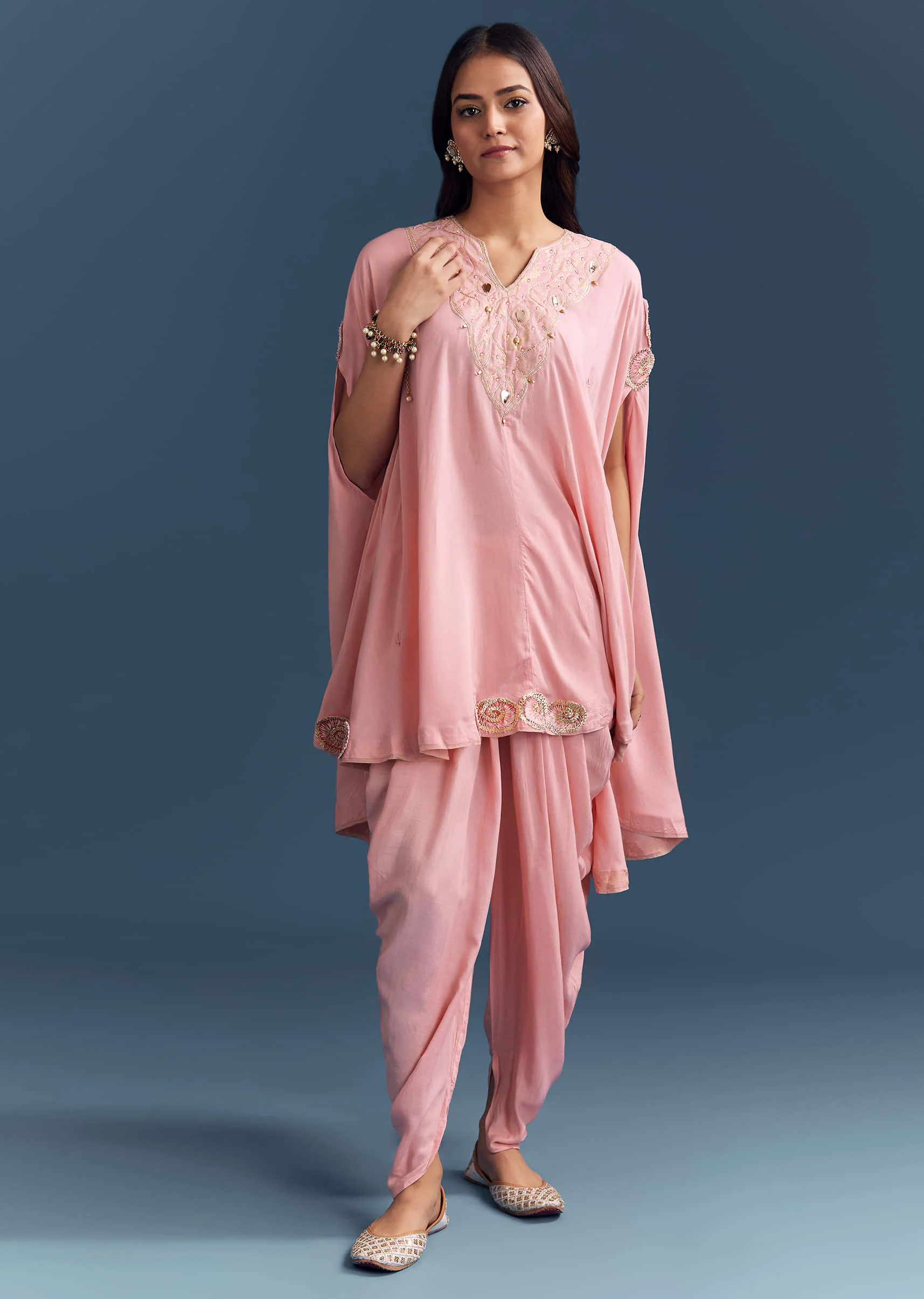 Pink Muslin Cape Top And Dhoti Set With Gota Work - Image 3