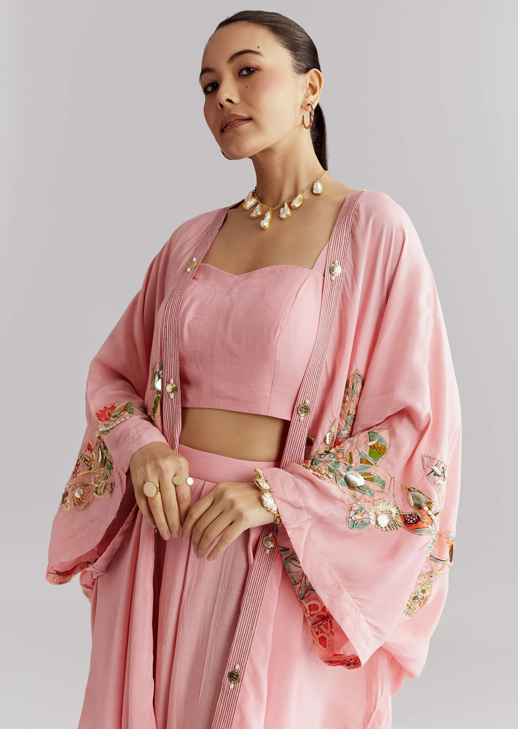 Pink Muslin Crop Top And Jacket Set With Gotta Work - Image 4