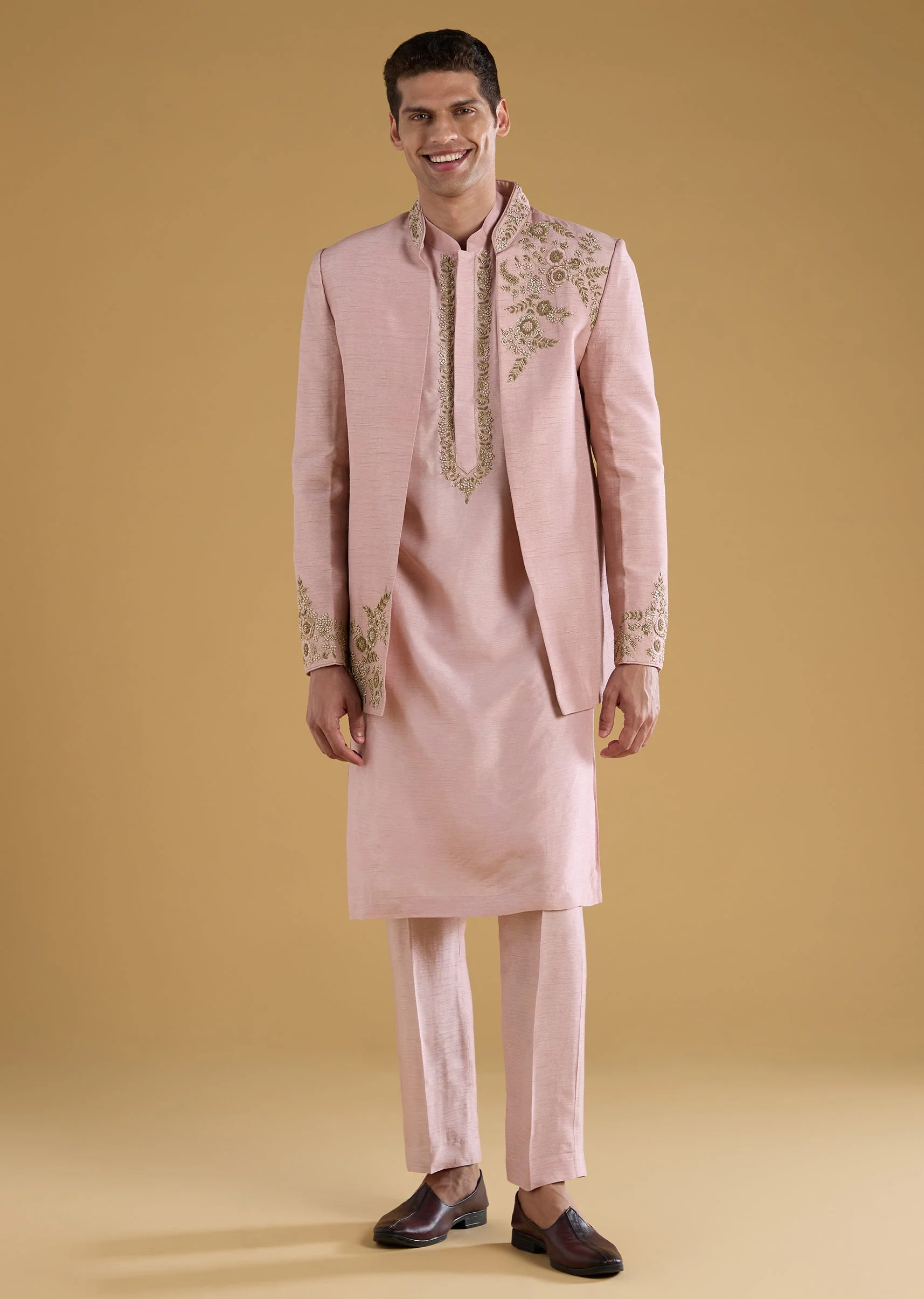 Pink Mysore Silk Mens Jodhpuri Kurta Set